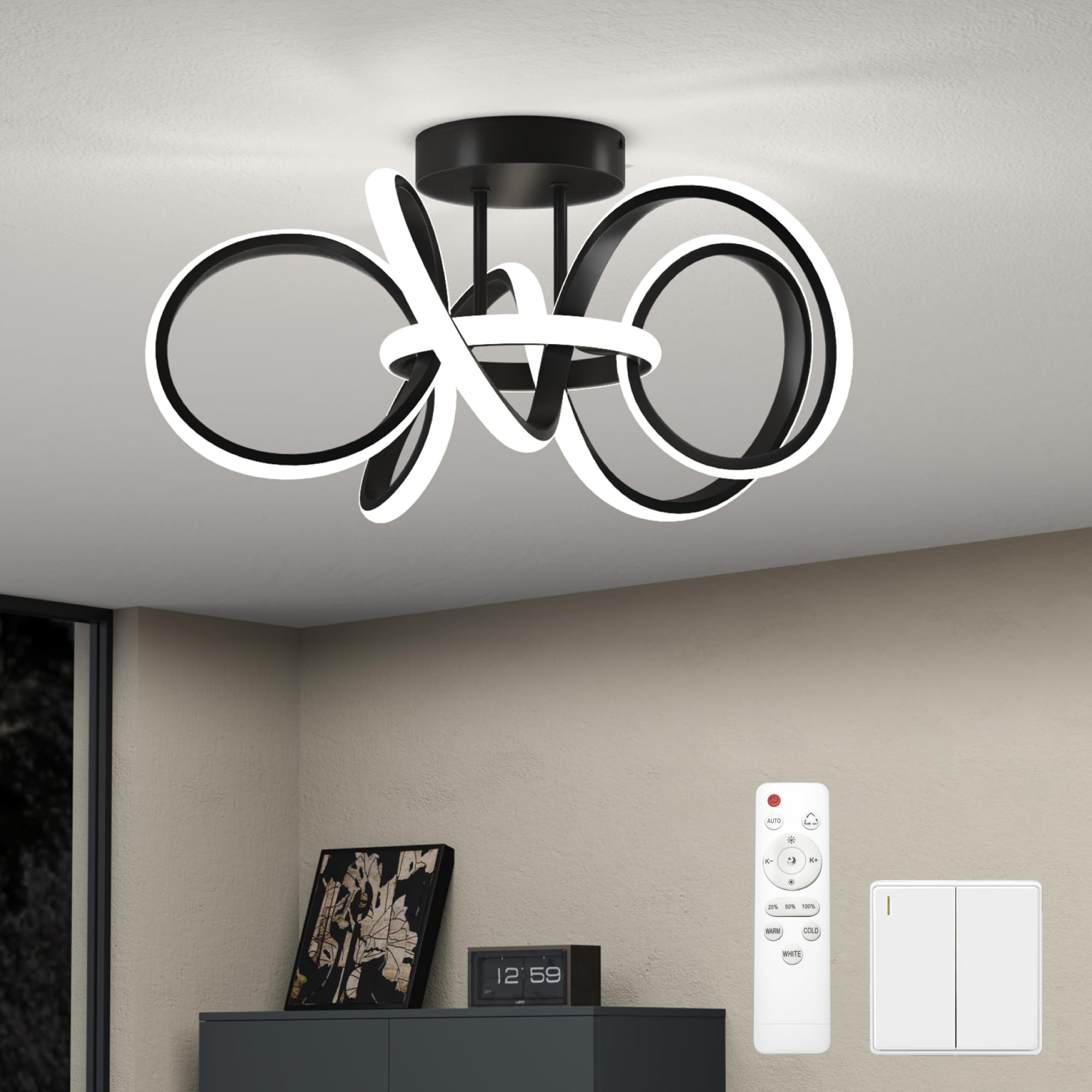 doporro Plafonnier LED Dimmable Lampe Plafond Noir 65W 3740LM Éclairage de Plafond Luminaires Intérieur Couloir Salle de Bain Cuisine 3000K-6400K avec Télécommande Alivetta25035