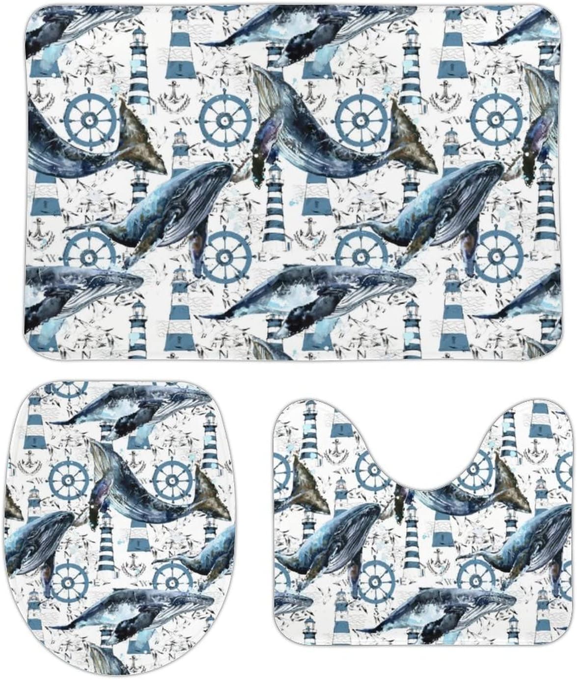 UShaped Carpet Watercolour Whale Lighthouse Toilet Mat Set 3Piece