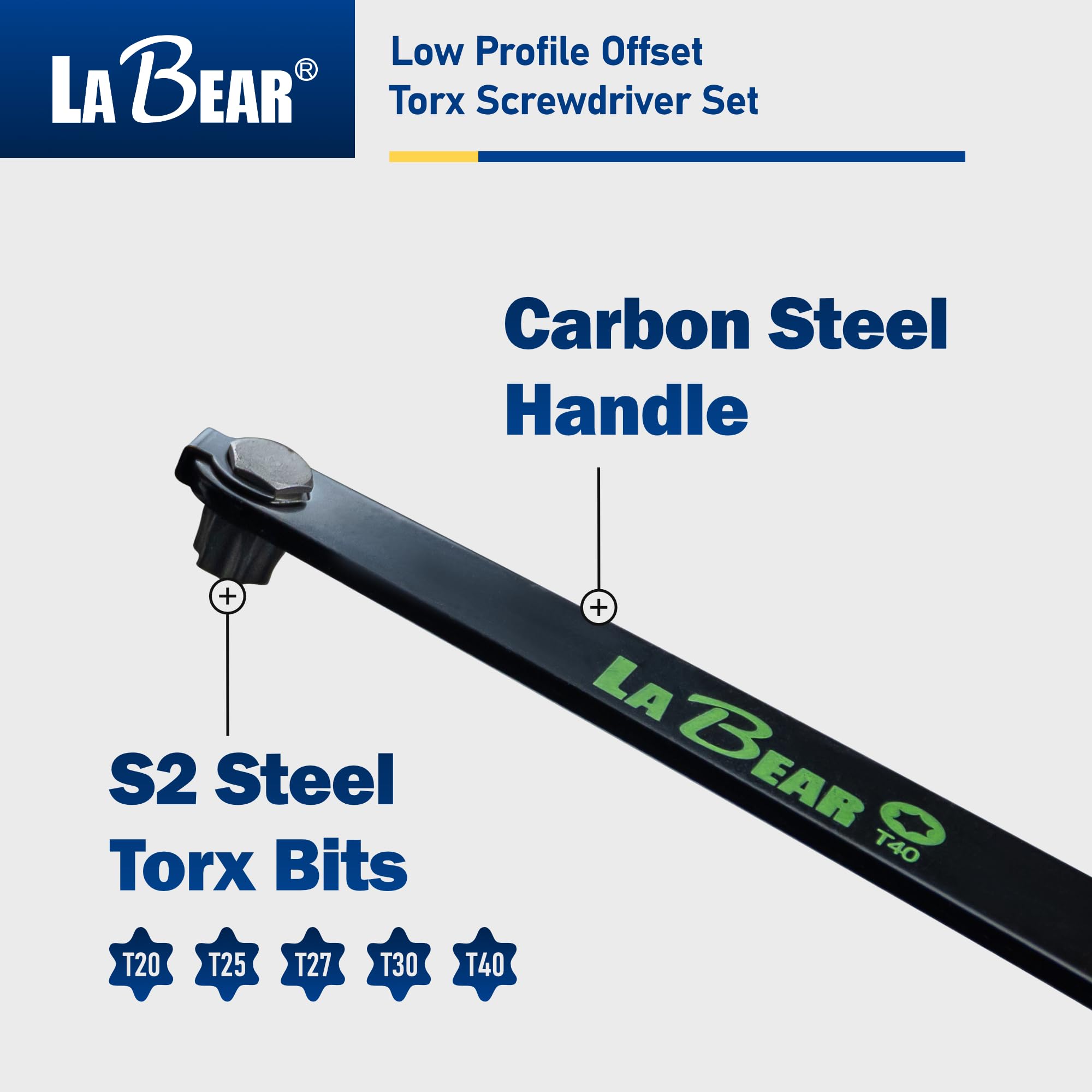 LABEAR TORX - Juego de destornilladores de desplazamiento de perfil ultra bajo, estrella, placa delgada recta de 90 grados para zonas estrechas, T20, T25, T27, T30 y T40