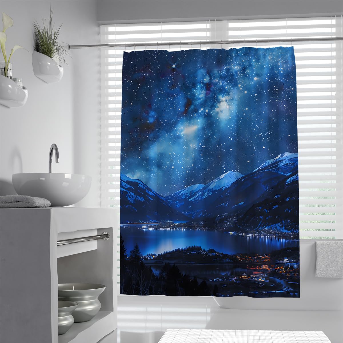 UERWOWELL Fantasy Starry Night View Shower Curtains for Bathroom Cosmic Nebula Lake Reflection Landscape Bath Curtain with Hooks Blue Waterproof W180xL200 cm