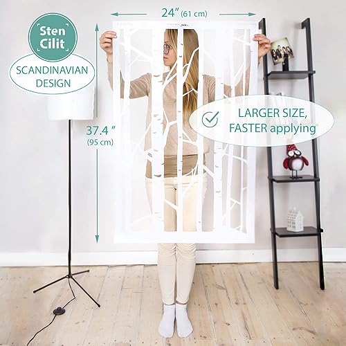 Vista 14 de STENCILIT® Plantilla de pared de bosque de abedules, plantilla XL de 24 x 37 pulgadas, plantillas de pared de árbol para pintar patrones grandes