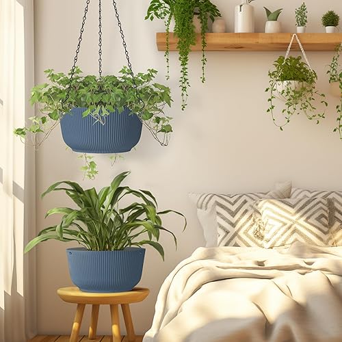 Miniatura 2 de T4U Macetas colgantes de 10 pulgadas para plantas de interior y exterior, cestas colgantes para plantas, paquete de 2, macetas colgantes de riego