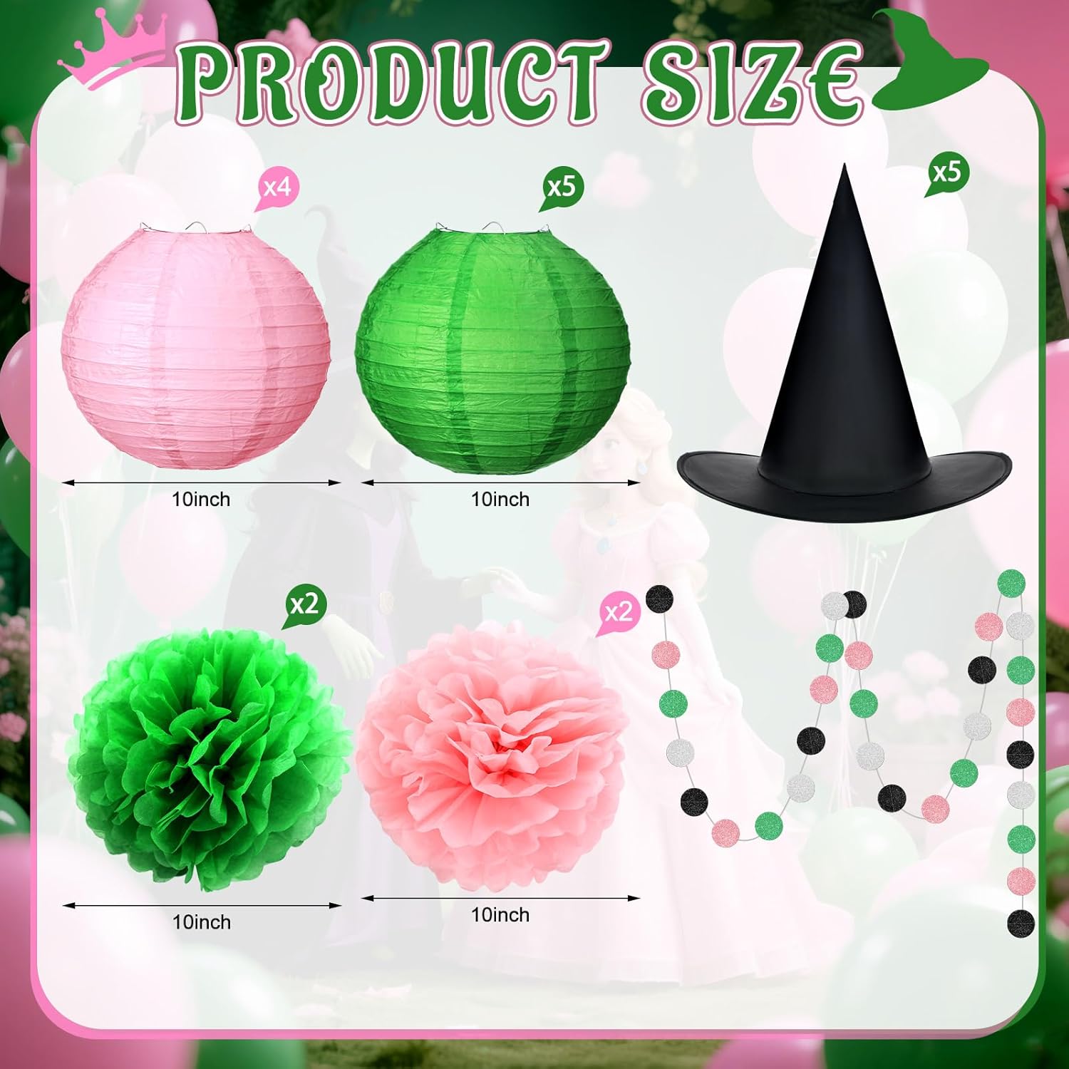 Rossesay DIY Witch Party Decorations Set 10 Inch Green and Pink Paper Lanterns Hanging Pom Poms Hats Witch Princess Theme Garland for Enchanted Birthday Cosplay Fantasy Celebrations