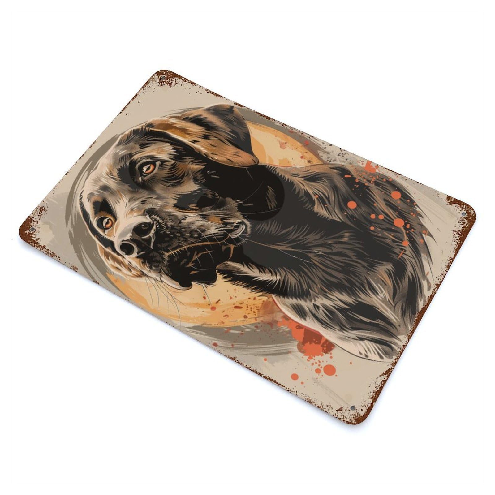 Expressive Dog Portrait with Abstract Background 11.8"x7.9" Rusty Metal Tin Sign, Shabby Chic Decor for Bistro, Counter And Cafe Decor