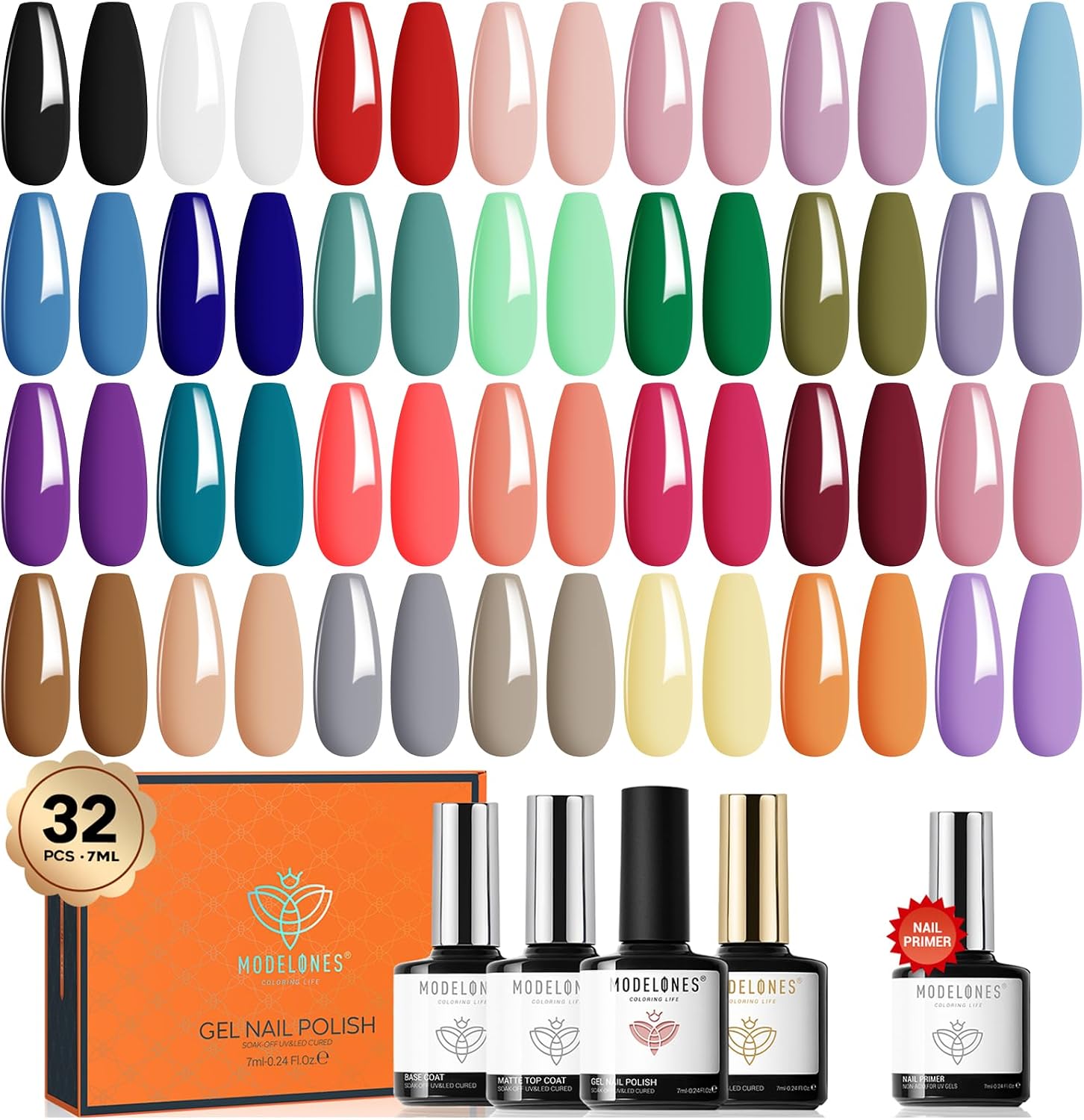 Modelones 32-Piece Gel Nail Polish Set with 28 Colors and Top Coats