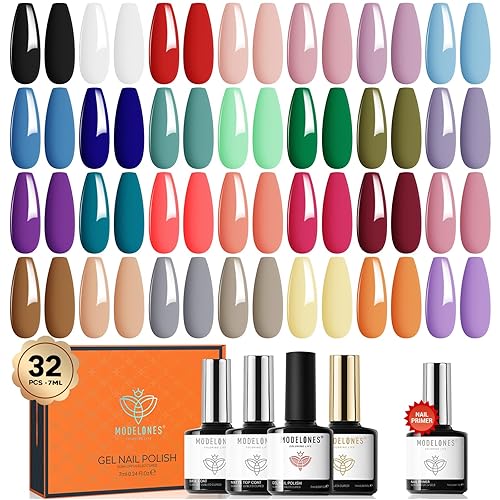modelones Juego de 32 esmaltes de uñas de gel, 28 colores para todas las estaciones, base que no se limpia, capa superior brillante y mate e