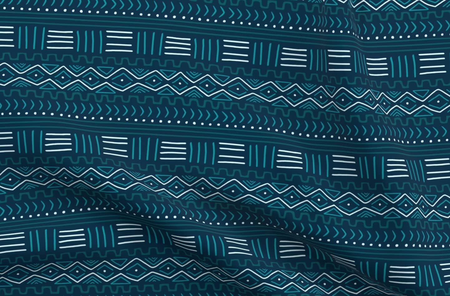 Spoonflower Fabric - Mudcloth Teal African Blue Mud Cloth Boho Line Pattern Geometric Printed on Upholstery Velvet Fabric Fat Quarter - Upholstery Home Decor Bottomweight Apparel