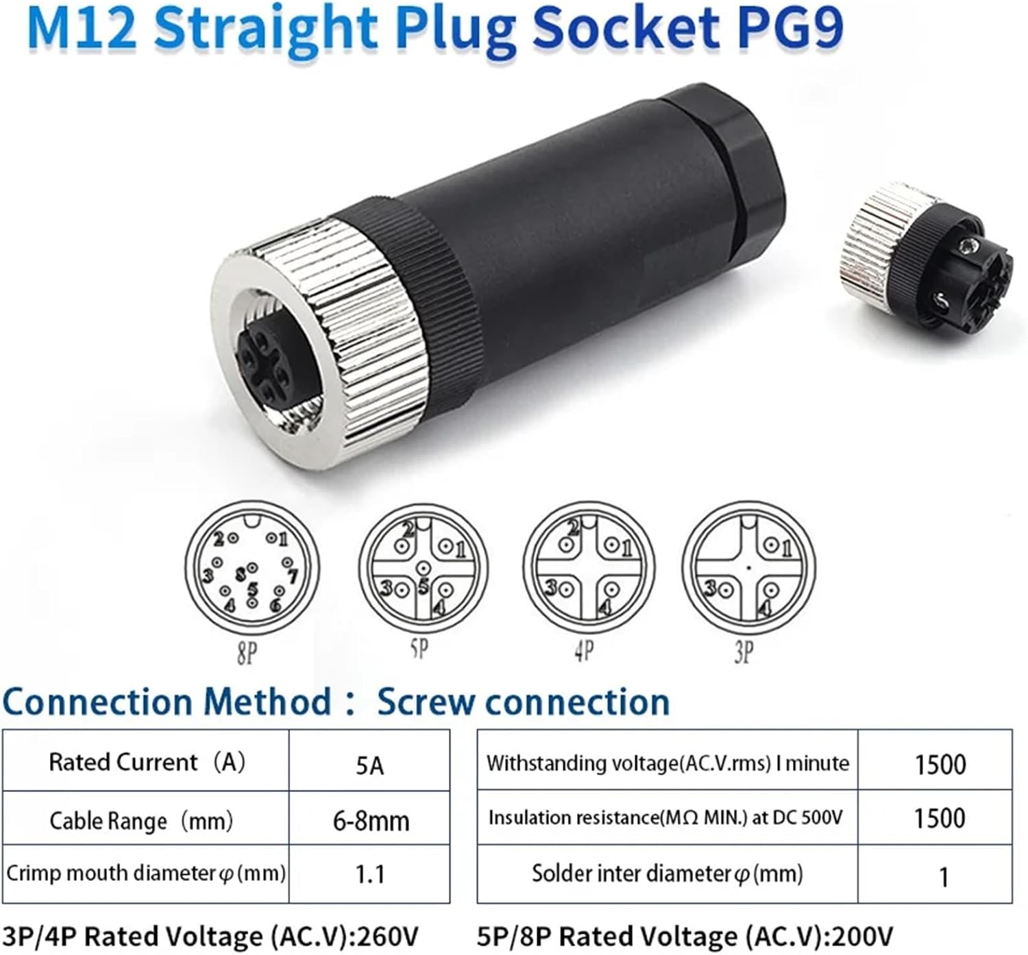 1Pcs M12-PG7 PG9 Socket Connector 3 4 5 8 Pin Straight Bent Male Female Screw Threaded Coupling(PG9 Female Straight,8 Pin)