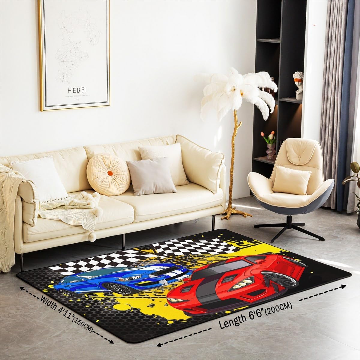 Racing Car Rug, Cartoon Street Style Graffiti Sports Cars Indoor Floor Mat for Kids Boys Girls Youth, Speeding Game Carpet, Extreme Sports Bedroom Rug Living Room, Bedside, Playroom Decor, 4x5