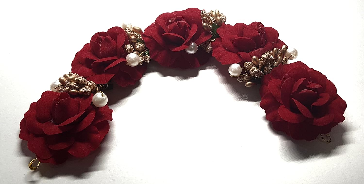 ANVIK Flower Hair Accessories for Women Fancy Party Bridal Wedding Fabric/artificial Rose Flower Bun Juda Gajra Veni for Hair (Maroon)