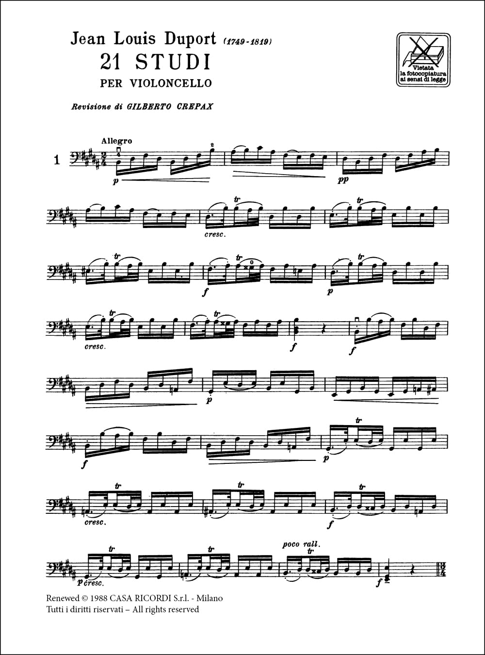 DUPORT 21 Studi per Violoncello | Crepax | Livello Intermedio Avanzato | Tecnica Studio Esercizi Progressivi Studenti Insegnanti Conservatorio | Repertorio Violoncello Classico | Spartito Ricordi