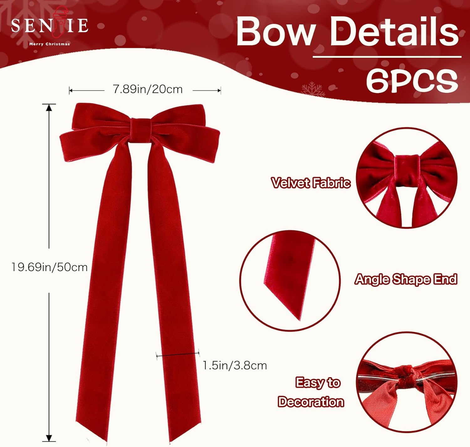 Velvet Large Christmas Bows for Staircase Garland Wreath, 20in x 8in Vintage Ribbon Bows with Twist Tie for Xmas Tree Holiday Indoor Outdoor Decorations (6Pcs, Red)