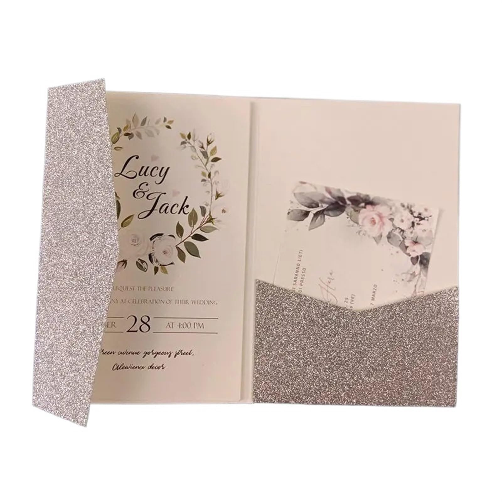 Hochzeitseinladungskarten, Blumige Einladungen， Karte 50 dreifach gefaltete mit Rosen-Laserschnitt, Taschen-Einladungsumschlag Einladung(Silver Glitter,Blank set)