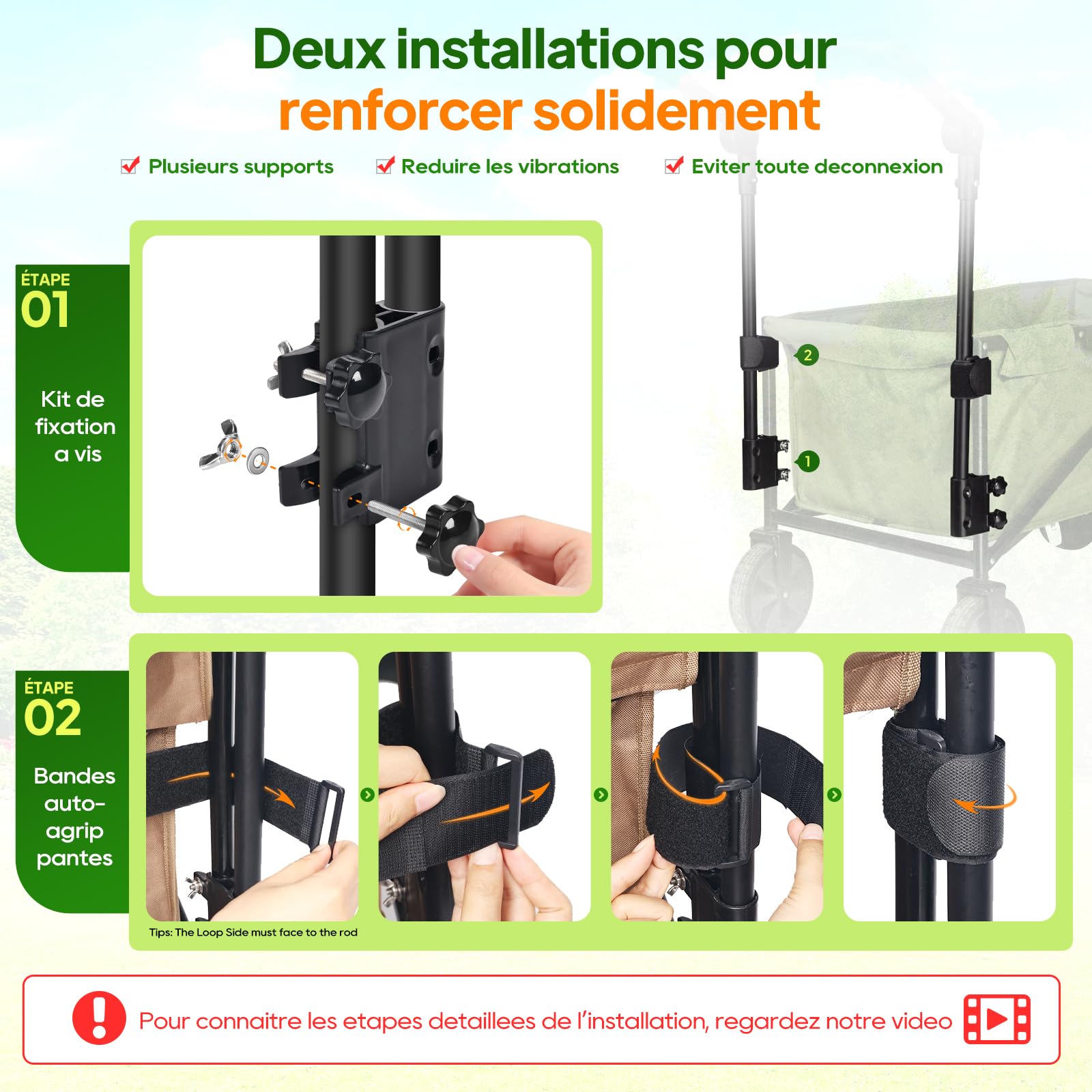 Poignée réglable et Pliable pour Chariot Rond/carré, avec Bandes Scratch | Accessoire de remplacement réglable et pliable pour poussette-chariot, adapté au camping, aux poussettes et à la plage