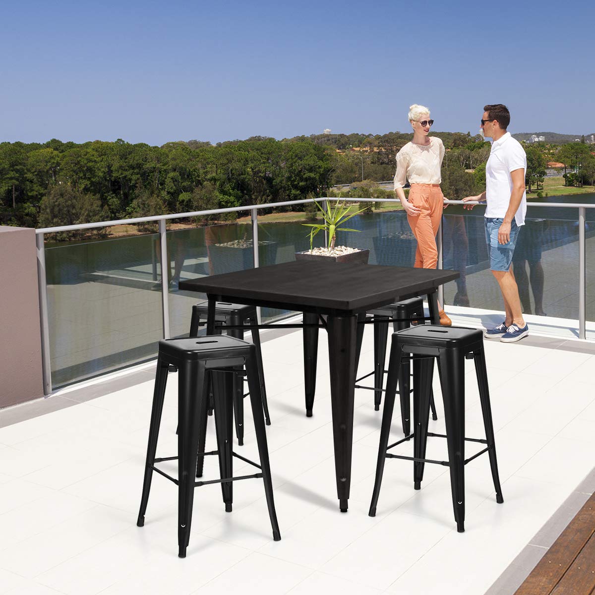 COSTWAY Set di 4 Sgabelli da Bar da 62 cm, Impilabile Sedie da Cucina Alto, in Metallo, con Schienale Rimovibile, Poggiapiedi, Design Industriale (Nero)