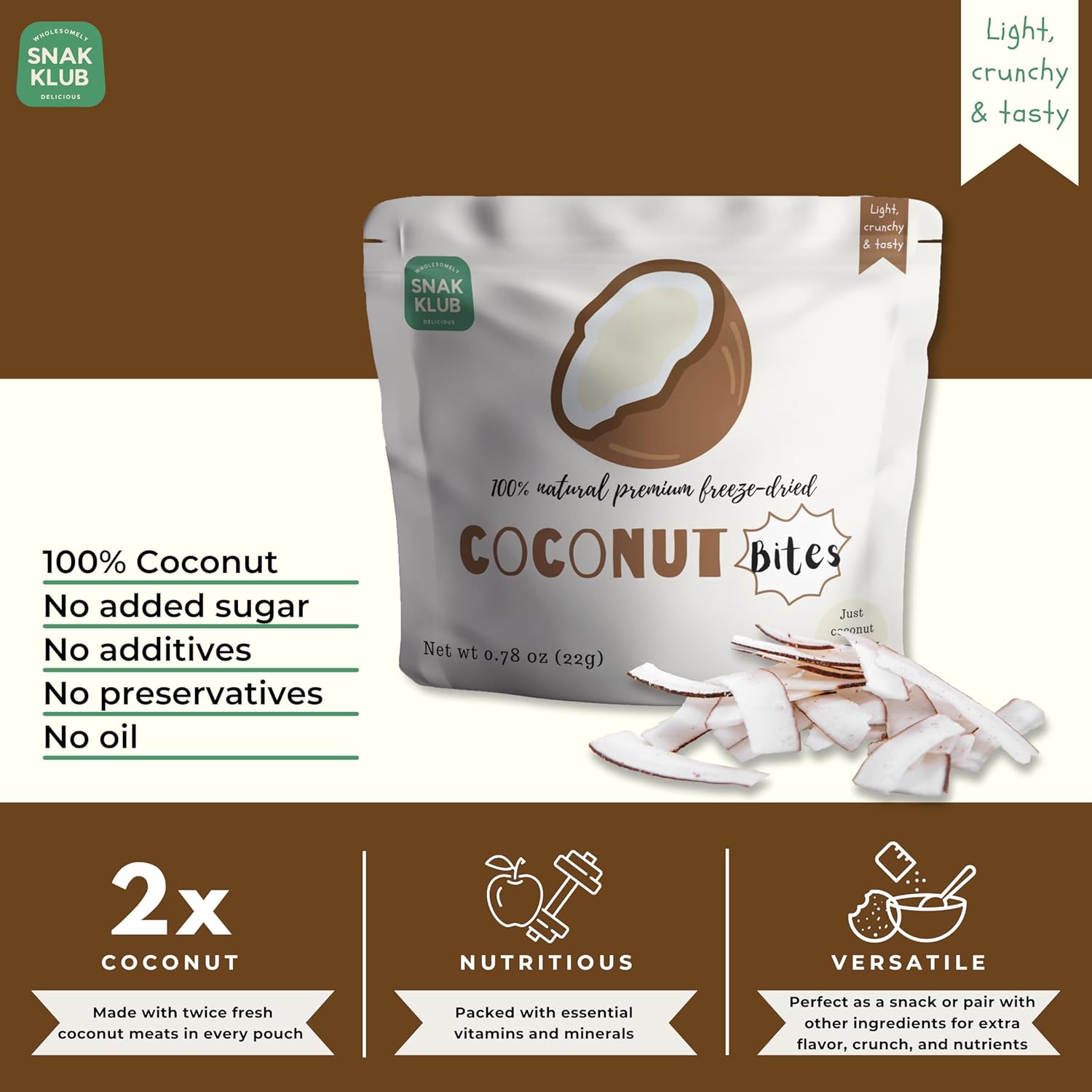 Snakklub Coconut Bites – Single-Serve Freeze-Dried Coconut, 100% Fruit Without Added Sugar/Additives/Preservatives (Pack of 12)