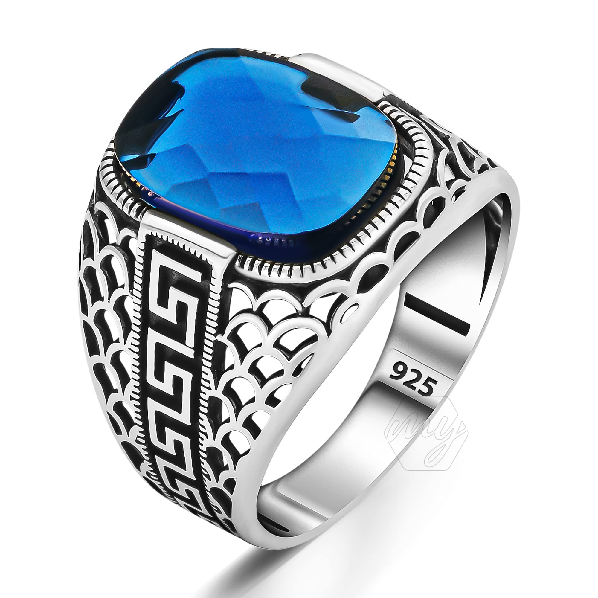 Türkischer Herrenring aus 925er Sterlingsilber, kundenspezifischer Schnitt, blauer Zirkonia-Stein