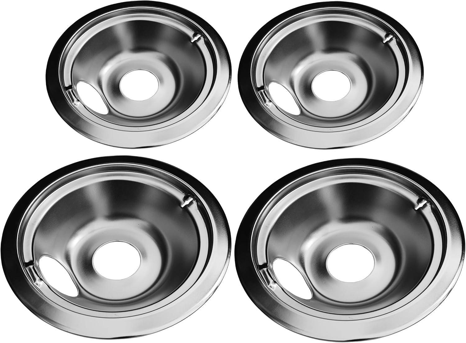 WB31T10010 WB31T10011 Stove Drip Pans Set, 4 Pack Chrome Burner Bowls for GE Hotpoint Kenmore Electric Range | Includes 2×6" and 2×8" chrome drip pans. Compatible with GE, Hotpoint, Kenmore electric ranges. Helps catch spills.
