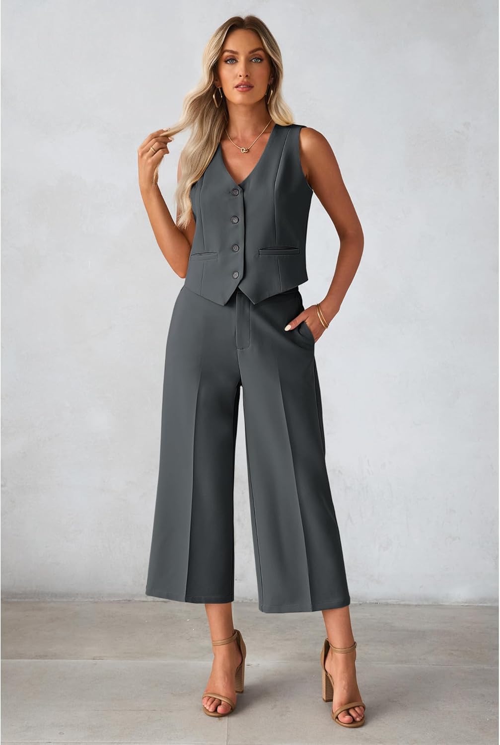 luvamia Pant Suits for Women Dressy Casual 2 Piece Sets Sleeveless Blazer Vest with Wide Leg Capri Pants Work Outfit - Image 3