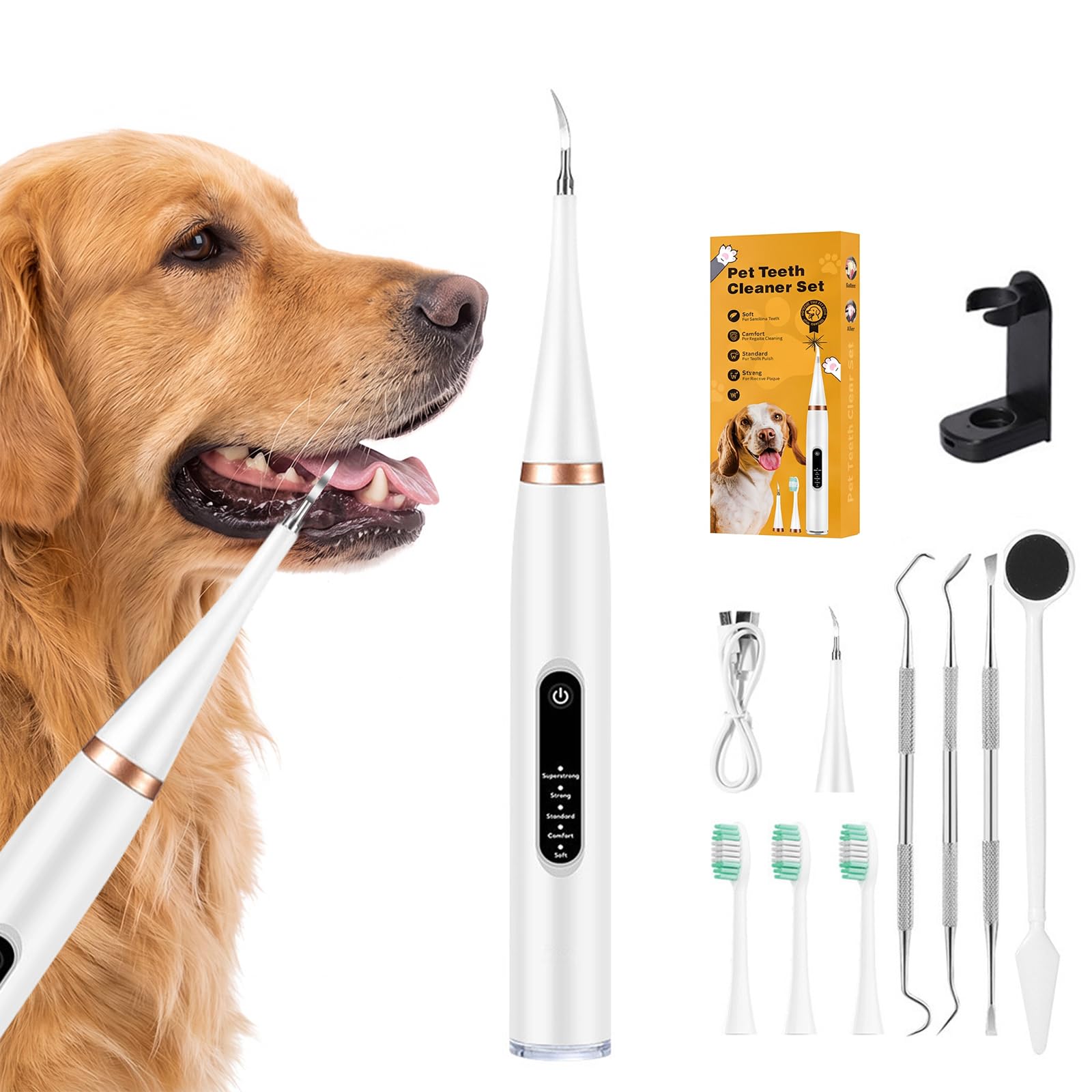 Limpiador Dental Ultrasónico para Perros y Gatos Blanco – 5 Modos con LED, Detección de Encías, IPX7, Recargable USB-C, Kit Completo