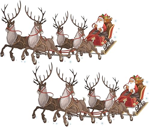 Adhesivos de Navidad para ventana, dos trineos de Papá Noel y renos, vinilo reutilizable no adhesivo para ventanas y puertas, decoración del hogar,