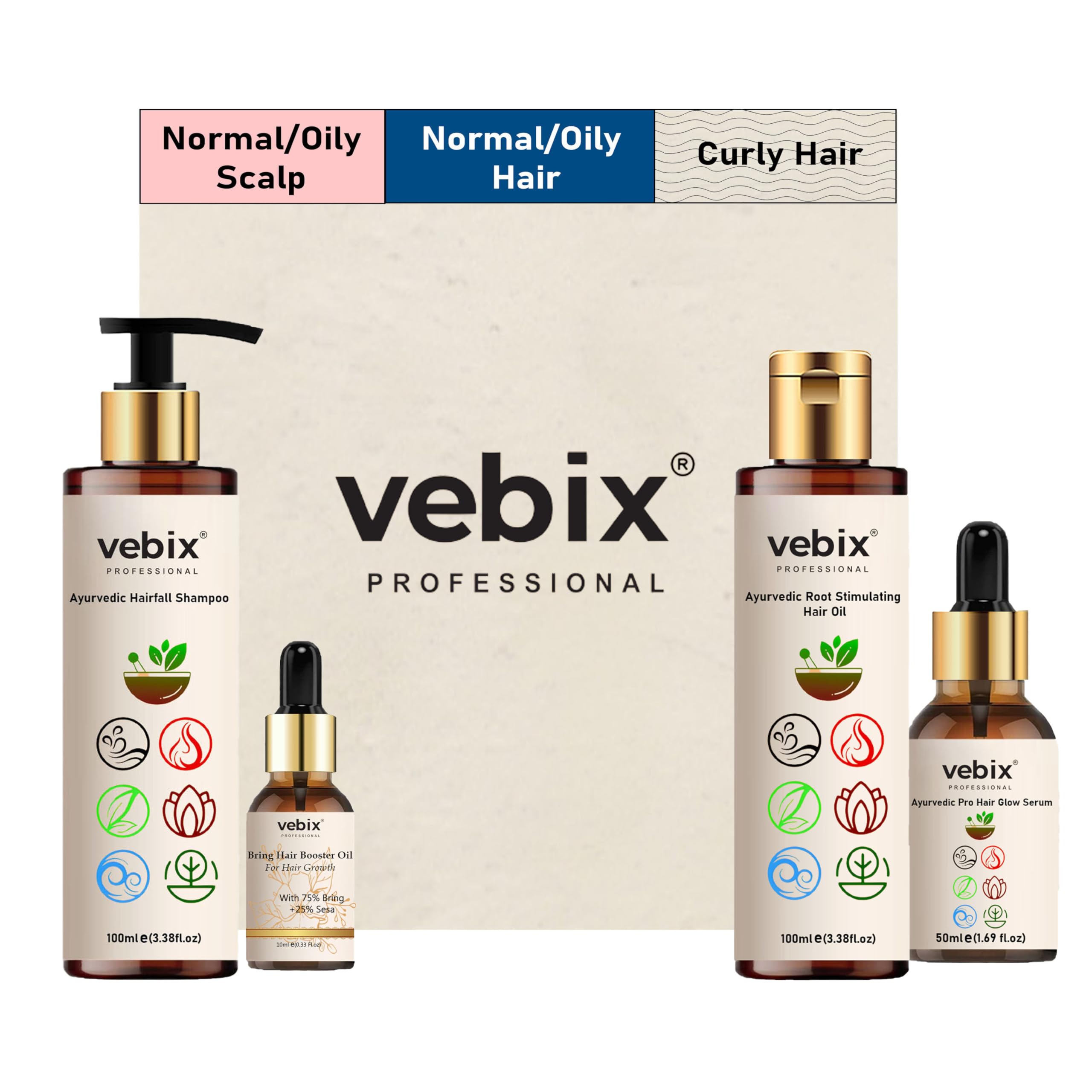VebixProfessional Customised Regimen -4 Ayurvedic Product Kit - HairFallControl- AntiHairFall Neem Oil +Lotus AntiHairfall Shampoo + Hair - ShinningSerum & BoosterSerum -8.79 Fl.oz (Normal Hair)