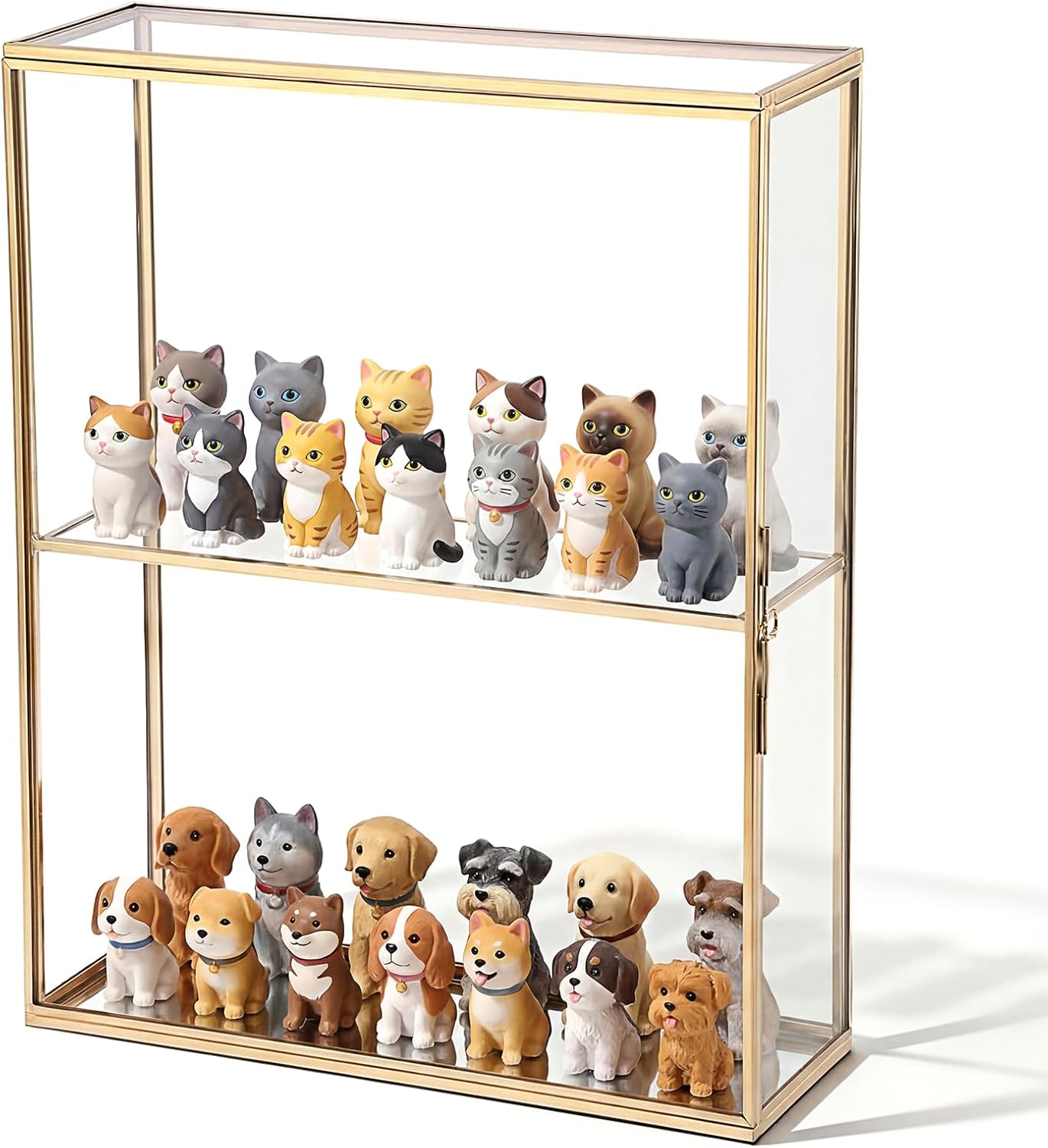 JUXYES 2 Tiers Tabletop Glass Small Figurine Display Case for Collectibles with Latch Door, Modern Clear Hobby Display Case Box with Mirror Bottom, Gold Dust Proof Case for Figurines Trinket Crystal