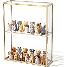 JUXYES 2 Tiers Tabletop Glass Small Figurine Display Case for Collectibles with Latch Door, Modern Clear Hobby Display Case Box with Mirror Bottom, Gold Dust Proof Case for Figurines Trinket Crystal