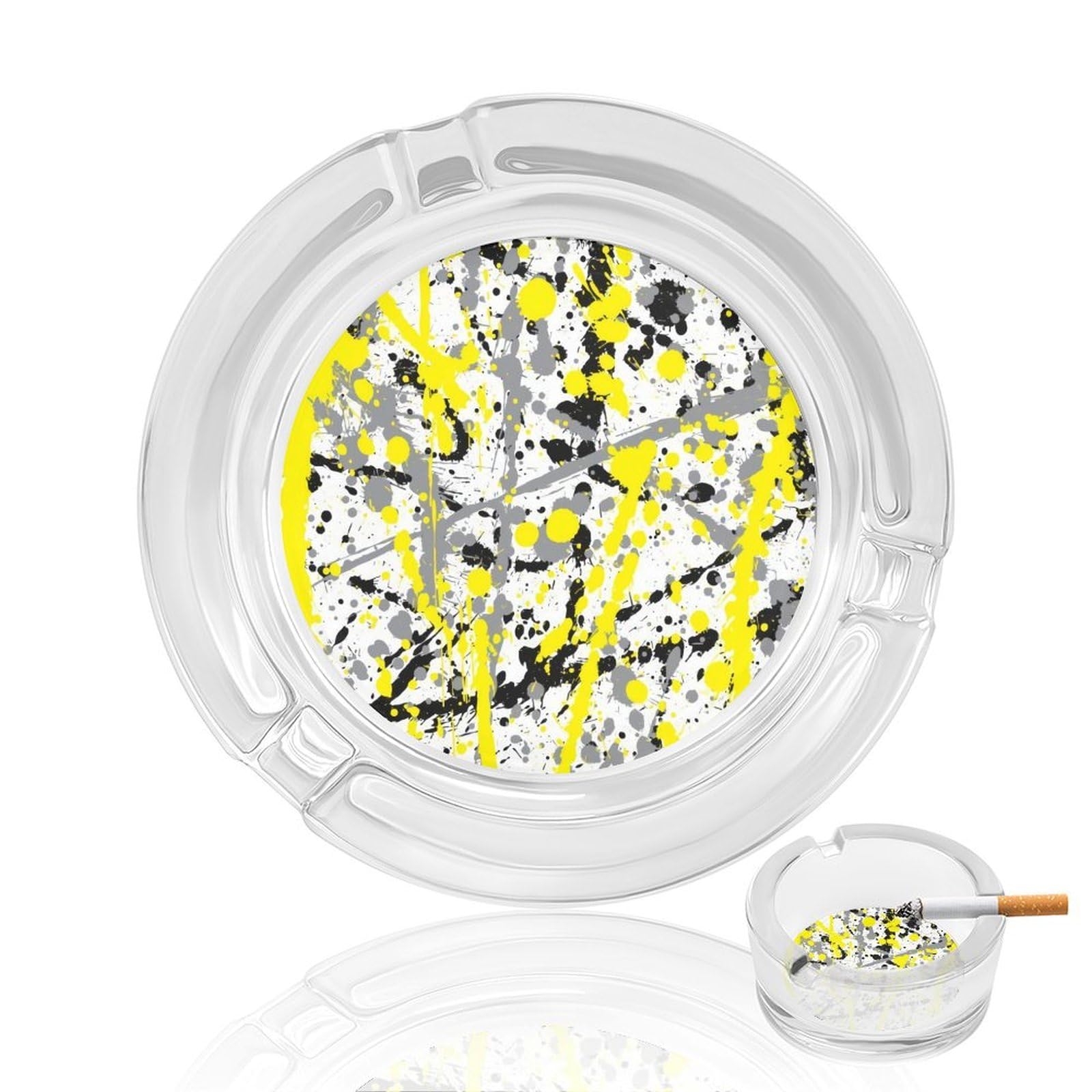 Black Grey And Yellow Ink Splatter Glass Ashtray 3.3 Inch Round Cigarette Ash Holder with 4 Grooves for Home Office Outdoor One Size