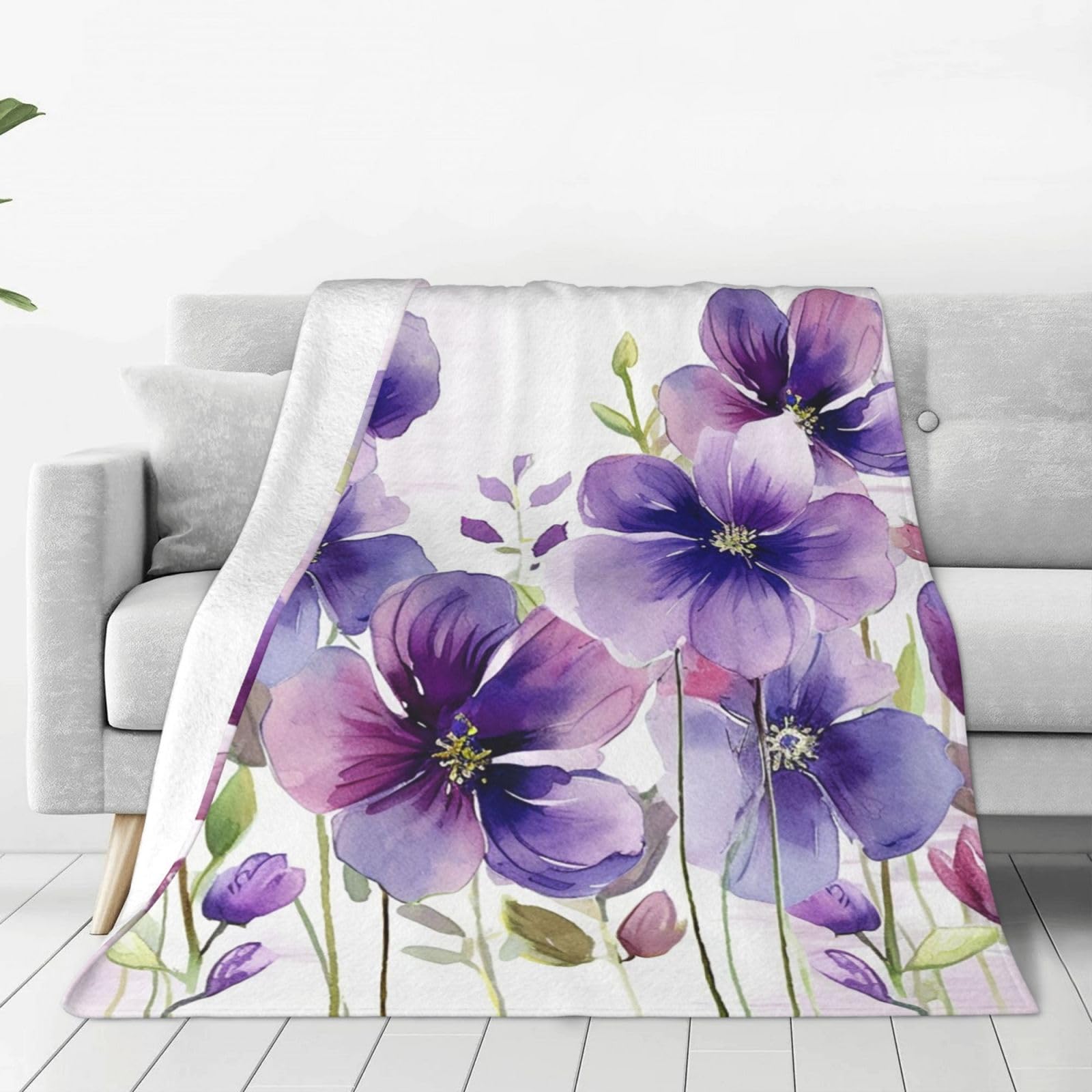Watercolor Purple Flowers Throw Blanket for Couch, Plush Fuzzy Soft Flannel Blankets and Throws for Sofa, 80"x60" Bed Blankets for Travel Camping Chair, All Season Warm Fleece Blanket