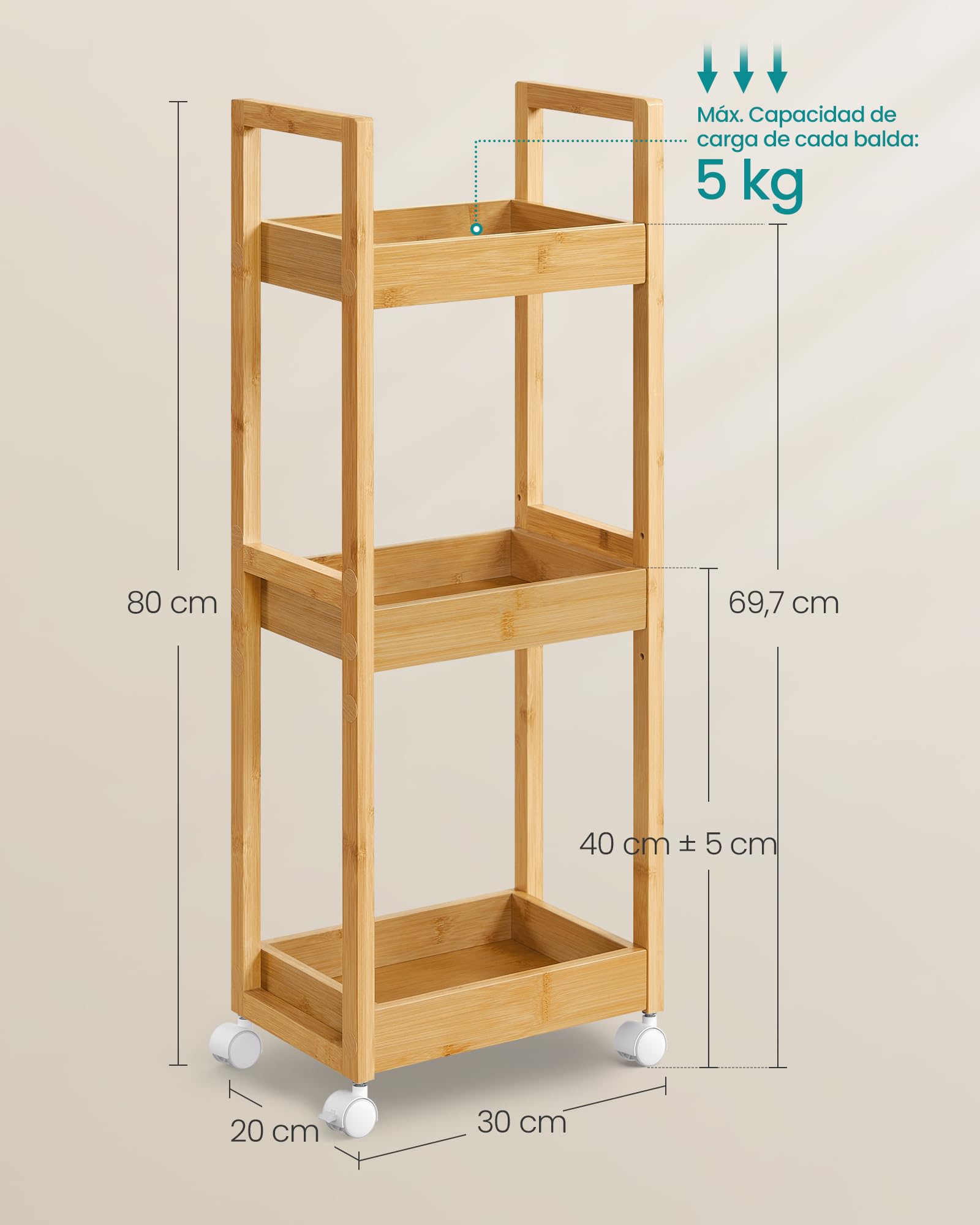 SONGMICS Carrito de Baño 3 Niveles Bambú Estrecho con Ruedas 20x30x80 cm Beige Natural