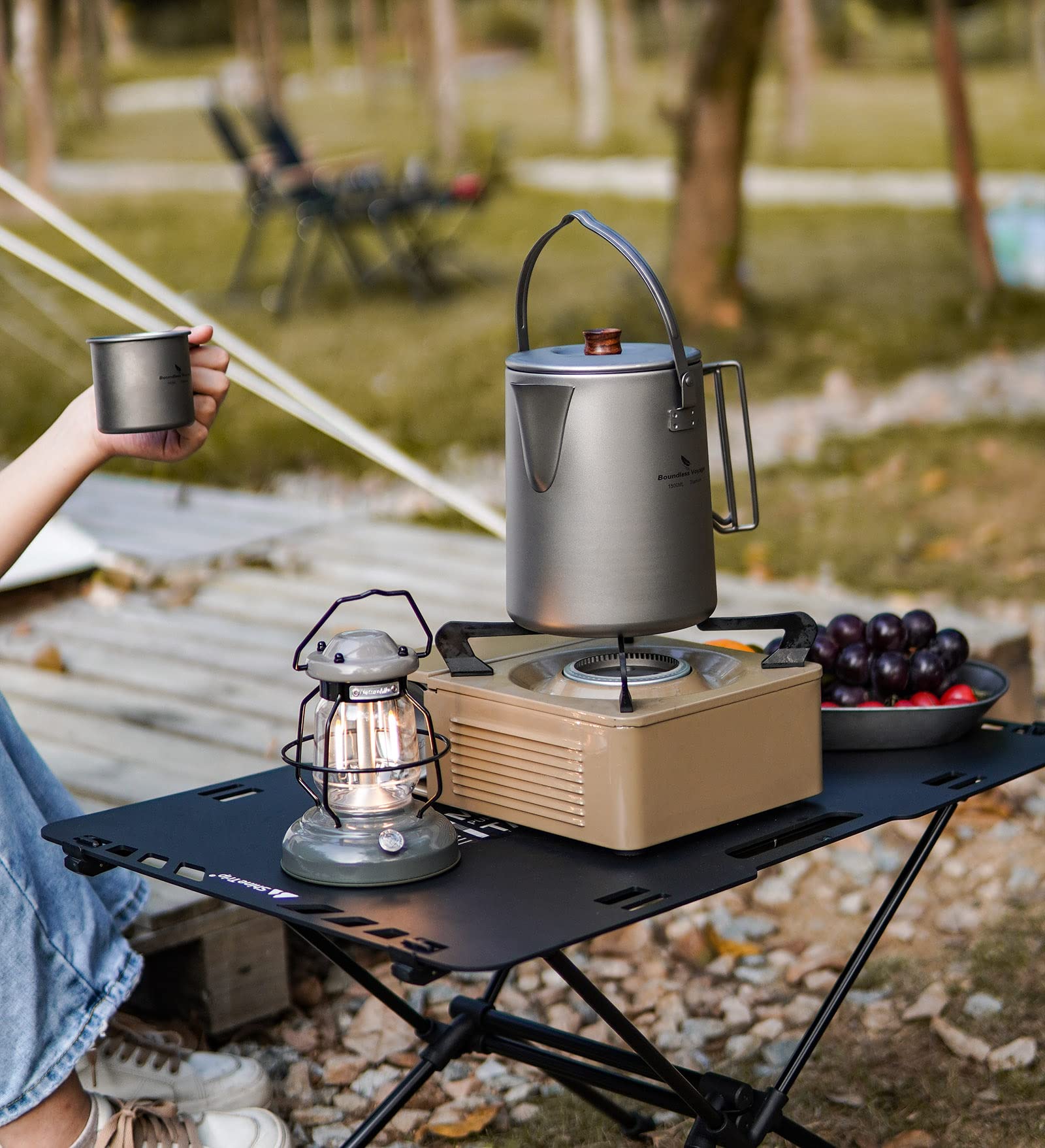 iBasingo Tytanowy kubek 500 ml z filtrem 120 ml i 180 ml zestaw lekkich kempingowych naczyń do picia przenośny metalowy ekspres do kawy na świeżym powietrzu podróż piknik wędrówki z plecakiem ogród