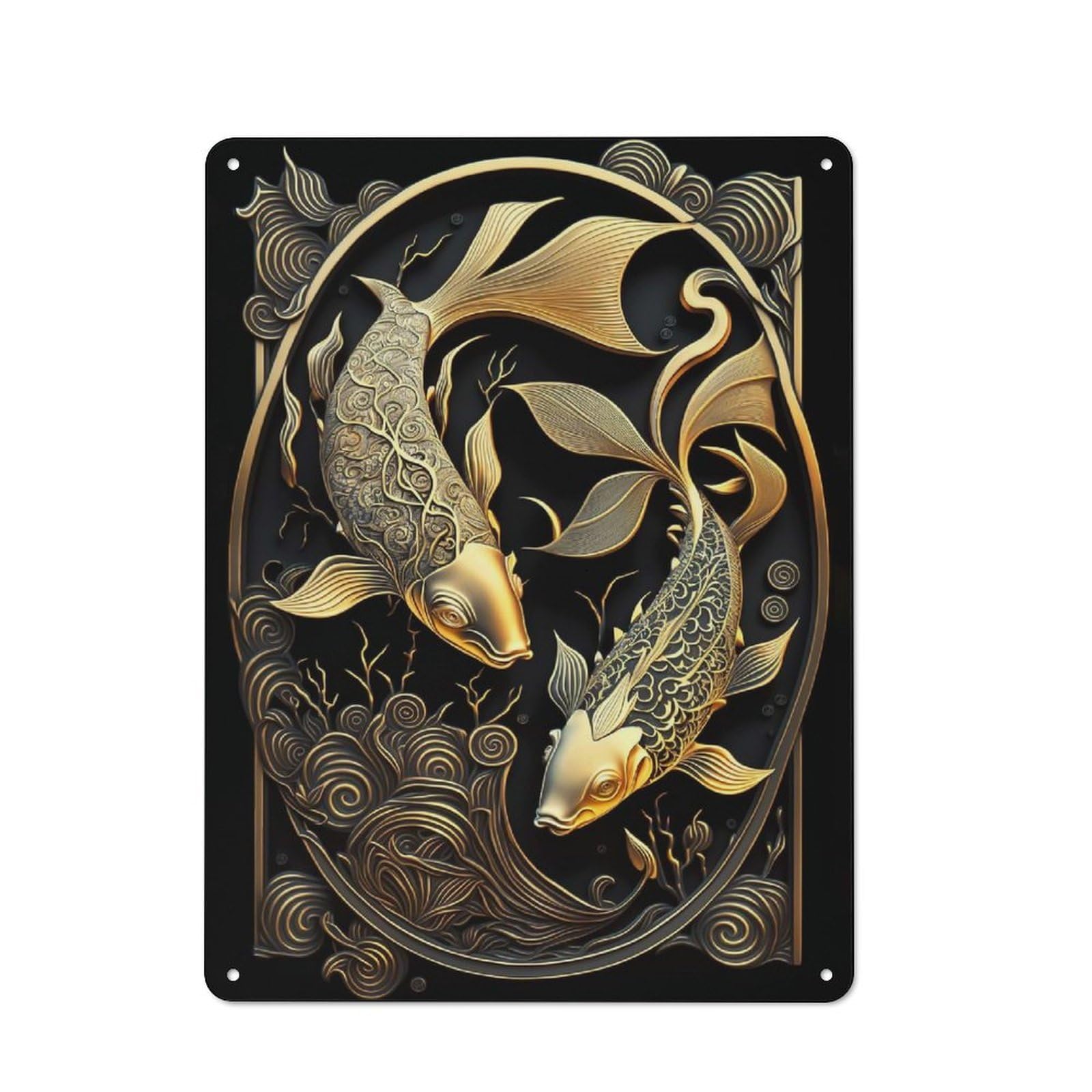 Junmoney Style-6 Koi Fish Golden Art Deco Retro-Style Tin Sign 40X30cm For Guest Room Or Hallway, A Christmas Gift For People Styling Guest Room And Hallway