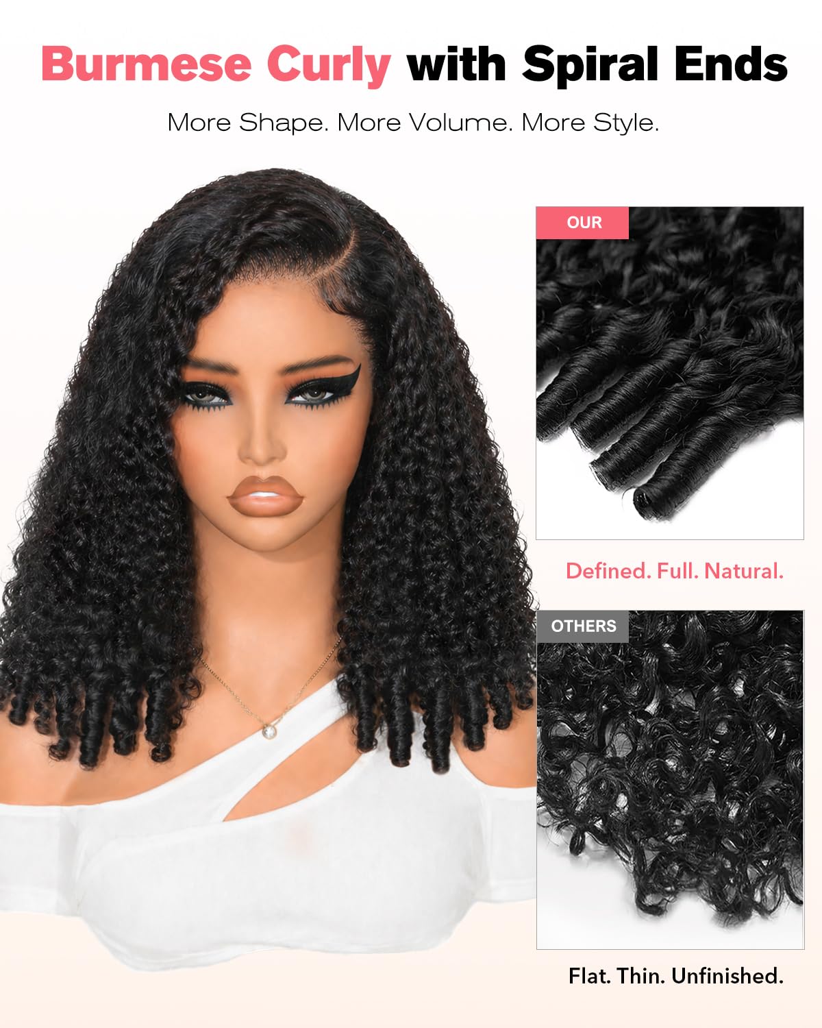 Tunfine C-side część burmese kręcone 6x6 sznurowane sznurki ludzkie włosy 50 cm | 200% Gęstość Peruka z Włosów Ludzkich Pre Plucked Pre Cut z Spiral Curly Ends, Glueless Natural Color Wig