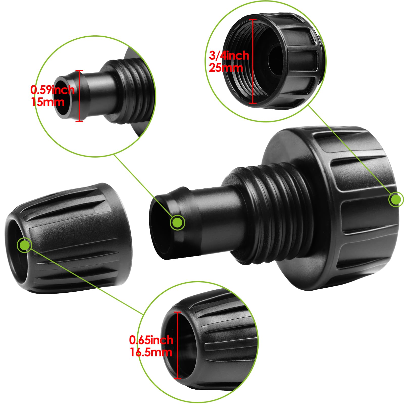 Kit de accesorios de riego por goteo de 1/2 pulgada: 20 conectores de tuerca bloqueada por goteo para tubos de riego por goteo de 1/2 pulgada (1/2 pulgada ID x 0.6-0.67 pulgadas OD) acoplamientos