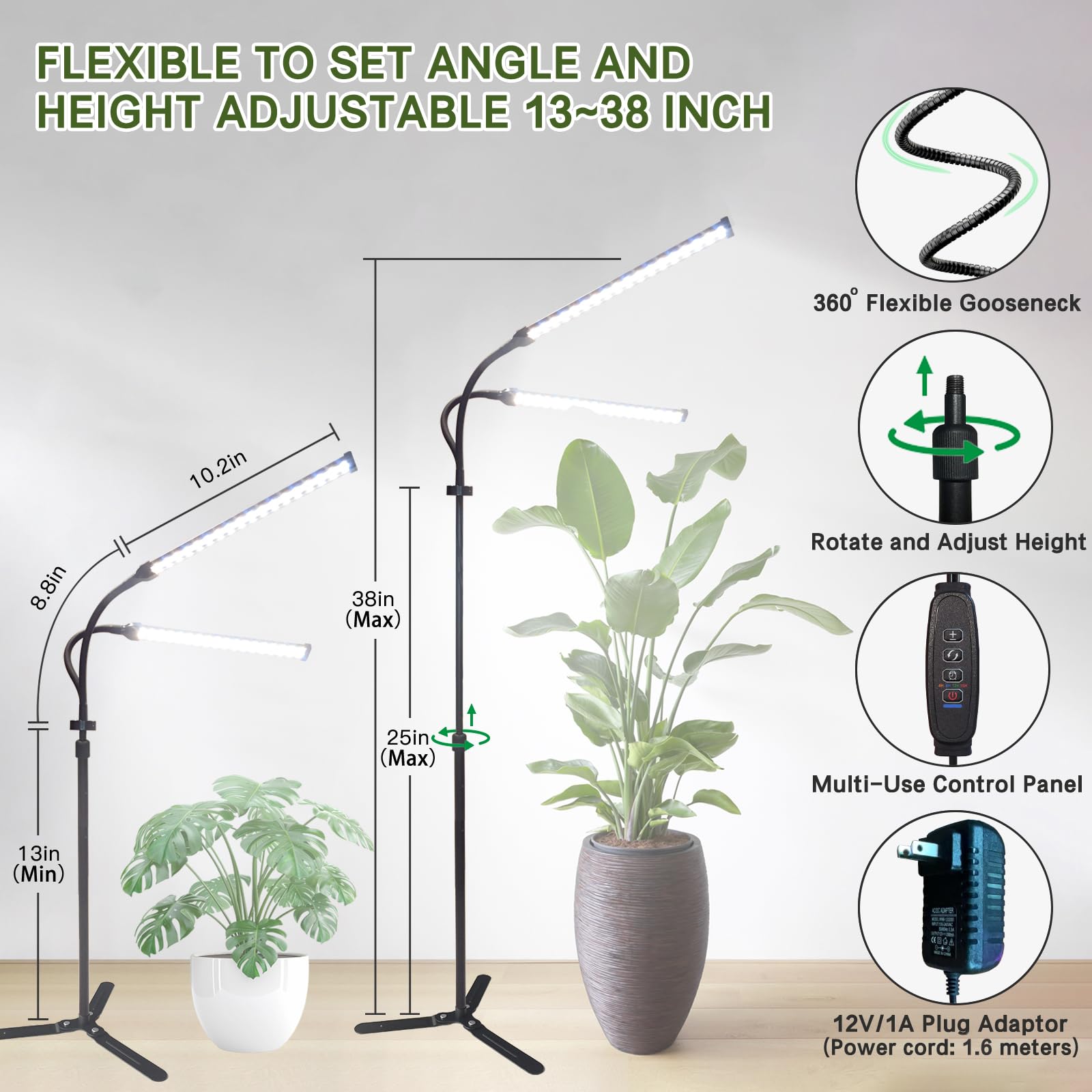 Lampes de croissance professionnelles 2025 pour plantes d'intérieur, spectre complet 6000 K, 126 LED, hauteur réglable (33 à 96 cm), 3 modes de spectre + 10 gradations avec minuterie de 4/8/12