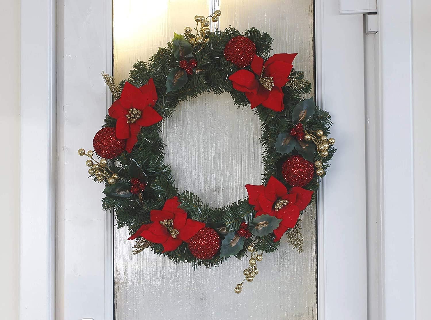 Marco Paul Interiors 36Cm Red And Gold Marco Paul 50Cm Red & Gold Christmas Wreath - Elegant Poinsettia Front Door Wreath With Glitter Baubles & Gold Berries - Deluxe Indoor Christmas Decorations & Reusable Holiday Door Décor