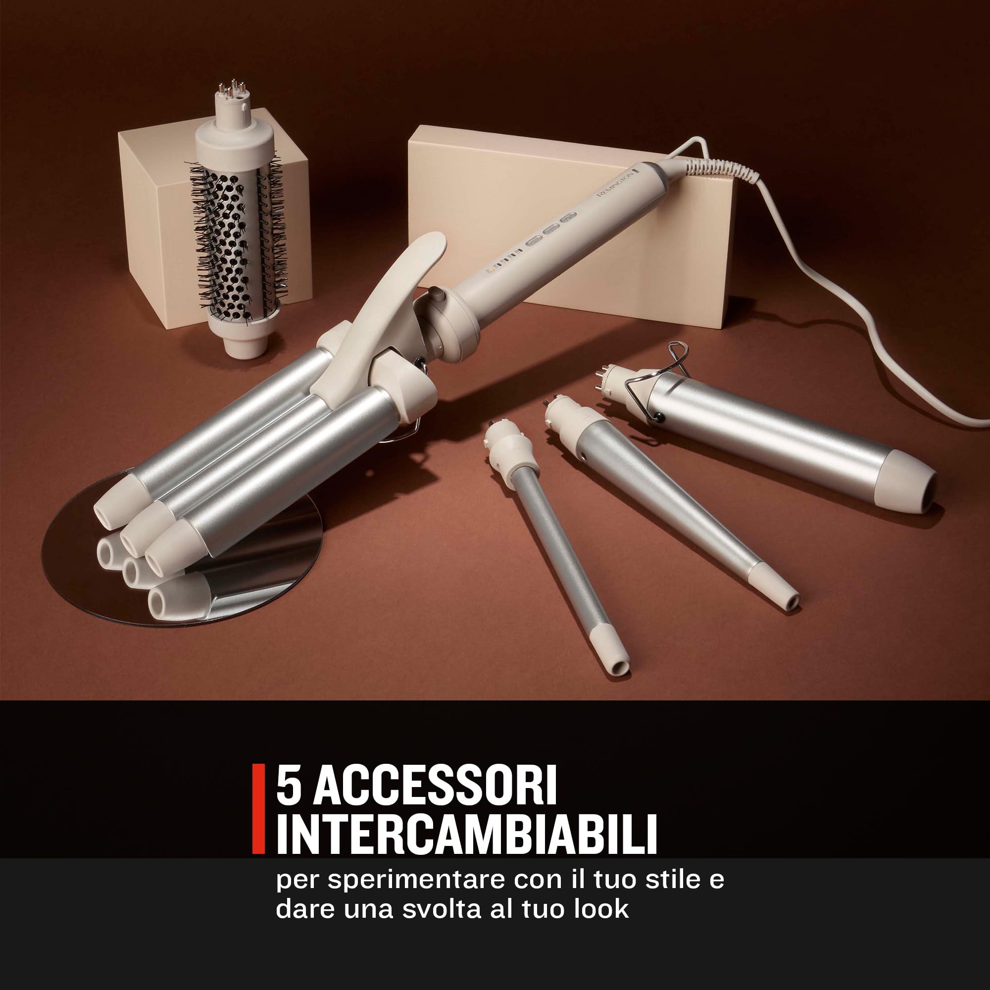Remington Ferro Arricciacapelli 5in1, Ondulatore, [3 Bacchette in ceramica 13-,33mm, Spazzola rotonda, Accessorio Onde] Display LED 130-210°C, Onde da spiaggia, Ricci spiralati e naturali CI41MS5E51