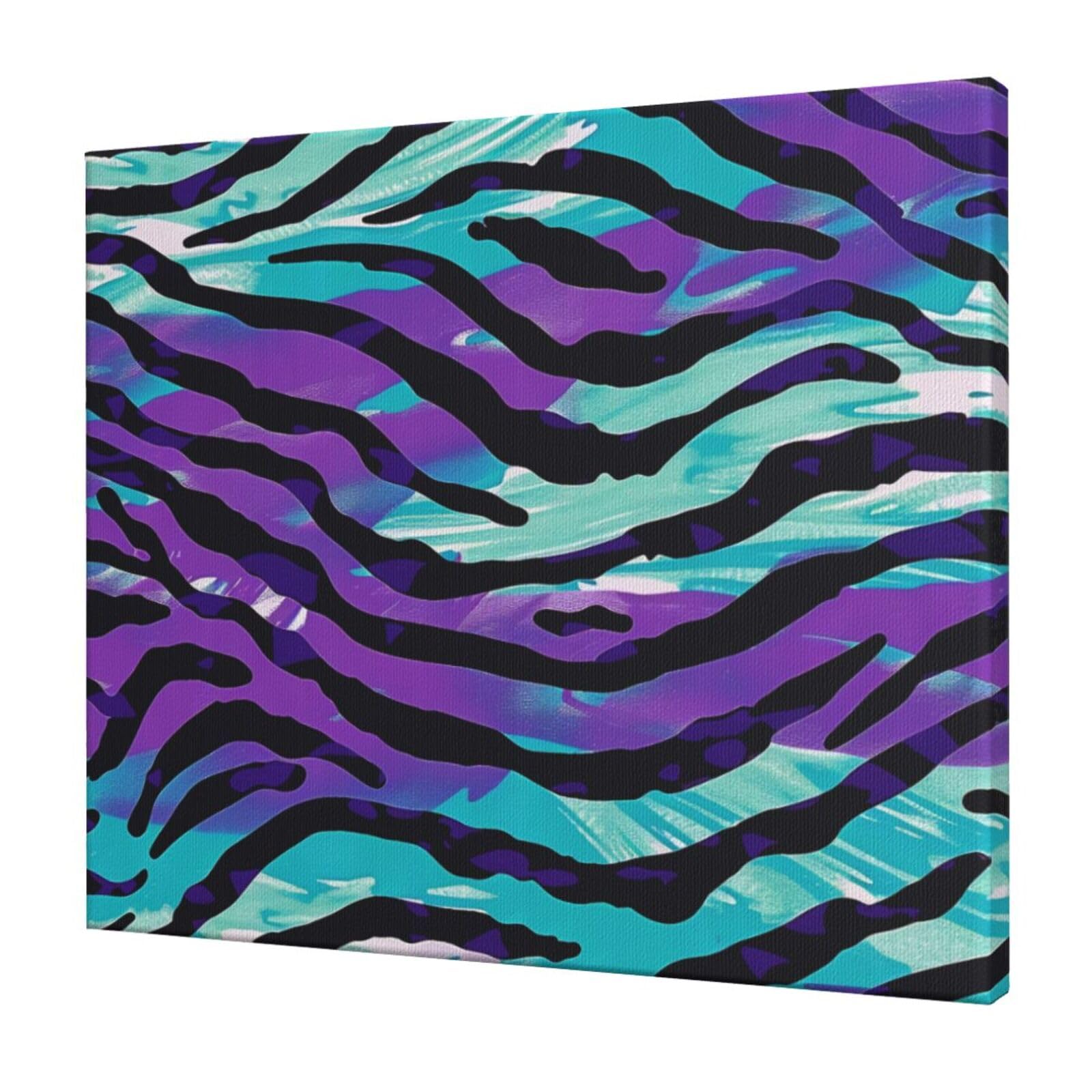 YKLJG Purple Blue Green Camouflage Zebra Stripe Printed Wall Art Canvas Prints 60x50 CM Wooden Framed Picture Painting Artwork for Bedroom Kitchen Home Office Decor