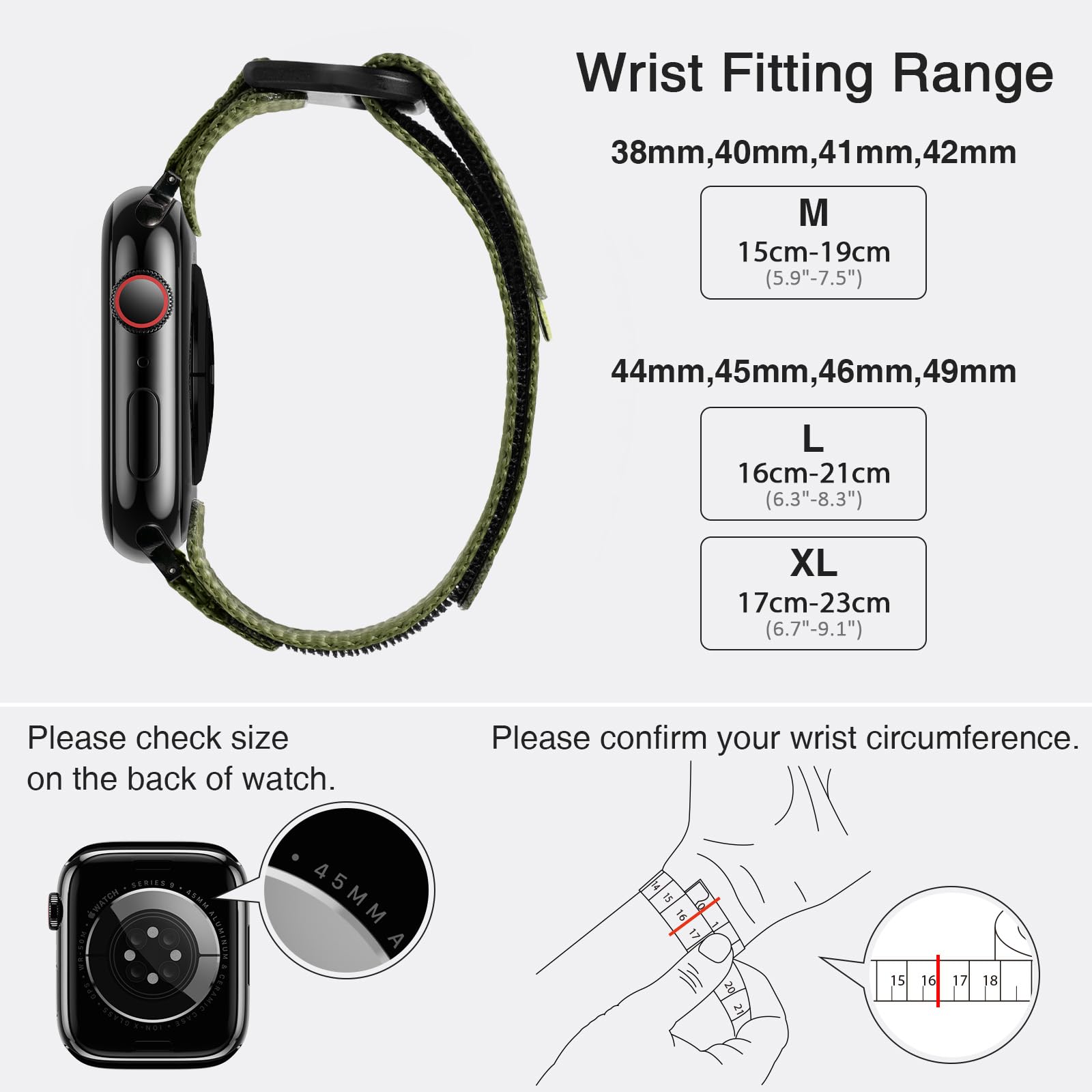 Nereides Rugged Nylon Band Compatible with Apple Watch Ultra 4/3/2/1 (49mm), Series 12/11/10/9/8/7/6/5/4 & SE3/SE2/SE (46mm 45mm 44mm), Tactical Sports Strap for Men (L, Army Green) — Amazon image 5