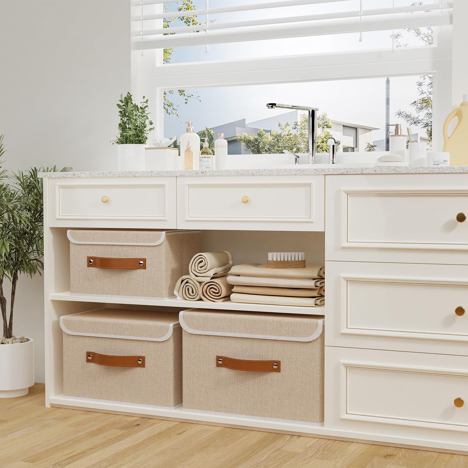 OUTBROS 3 Set Scatole Portaoggetti, 38x25x25cm Cubi Scaffale Cesto, Beige | Contenitori per Armadio tessuto con Coperchio, Cassettiera pieghevole adatta con Manici per Indumenti