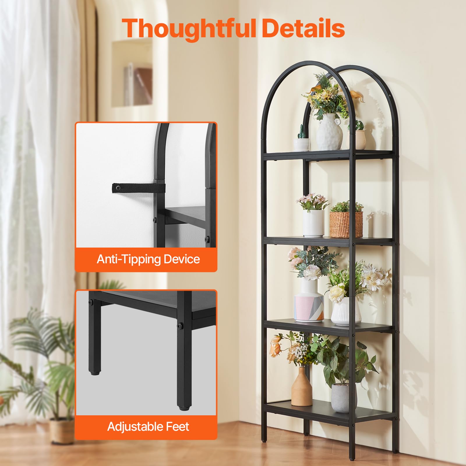 VEVOR Libreria in Metallo ad Arco Mobiletto Organizzatore da Casa Ufficio, Scaffale Portaoggetti Libri Riviste Forma ad Arco 4 Livelli, Scaffale con Ripiani Aperti, Scaffale Espositore Indipendente