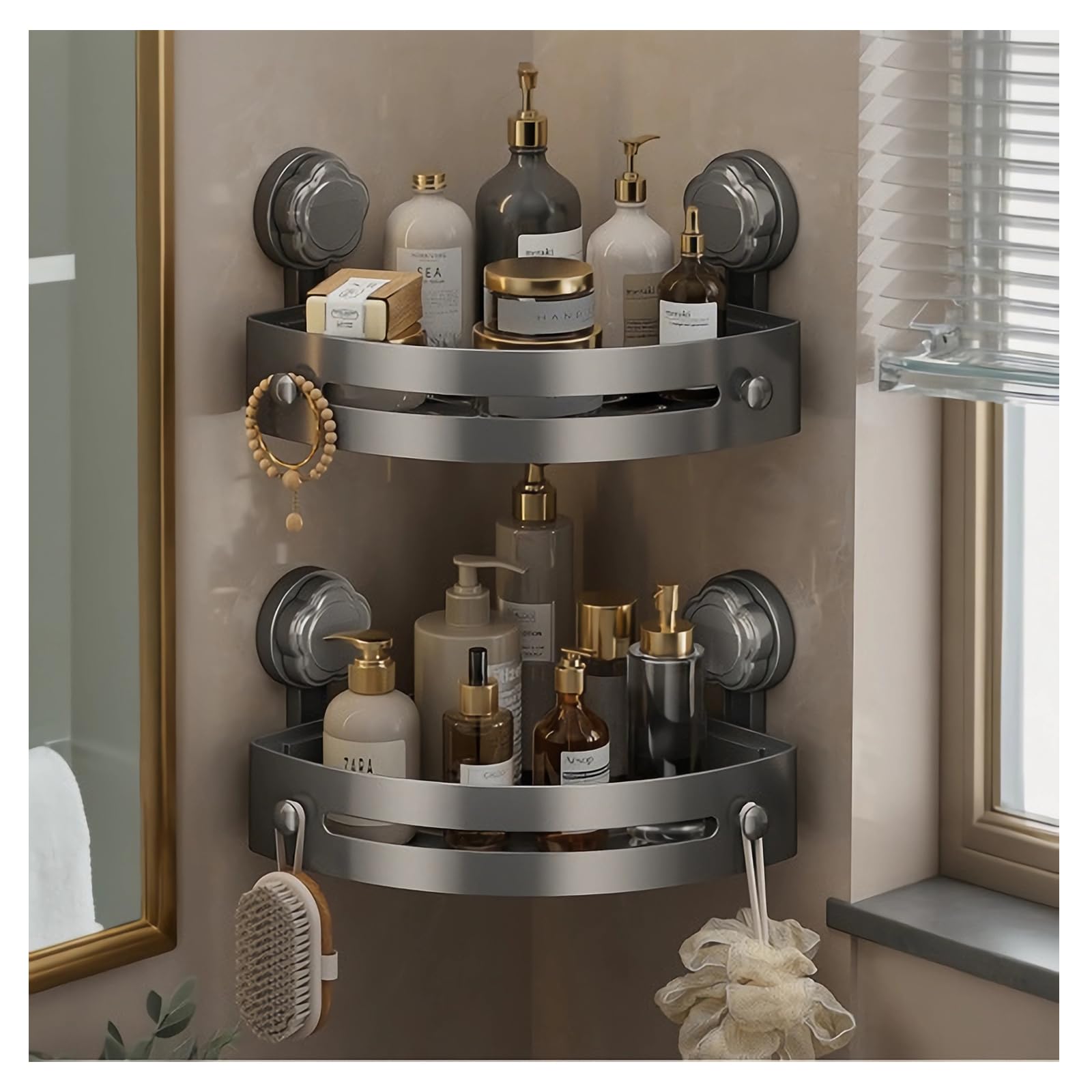 CACXKEP Bathroom Shower Caddy Hanging corner bathroom tray Without drilling shower tray suction cup shower gel holder Gunmetal