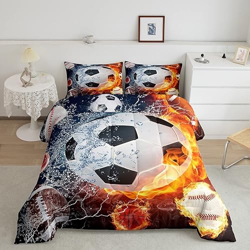 Erosebridal Juego de ropa de cama de fútbol para niños, adolescentes y jóvenes, decoración de dormitorio, edredón de béisbol con rayos y fuego,