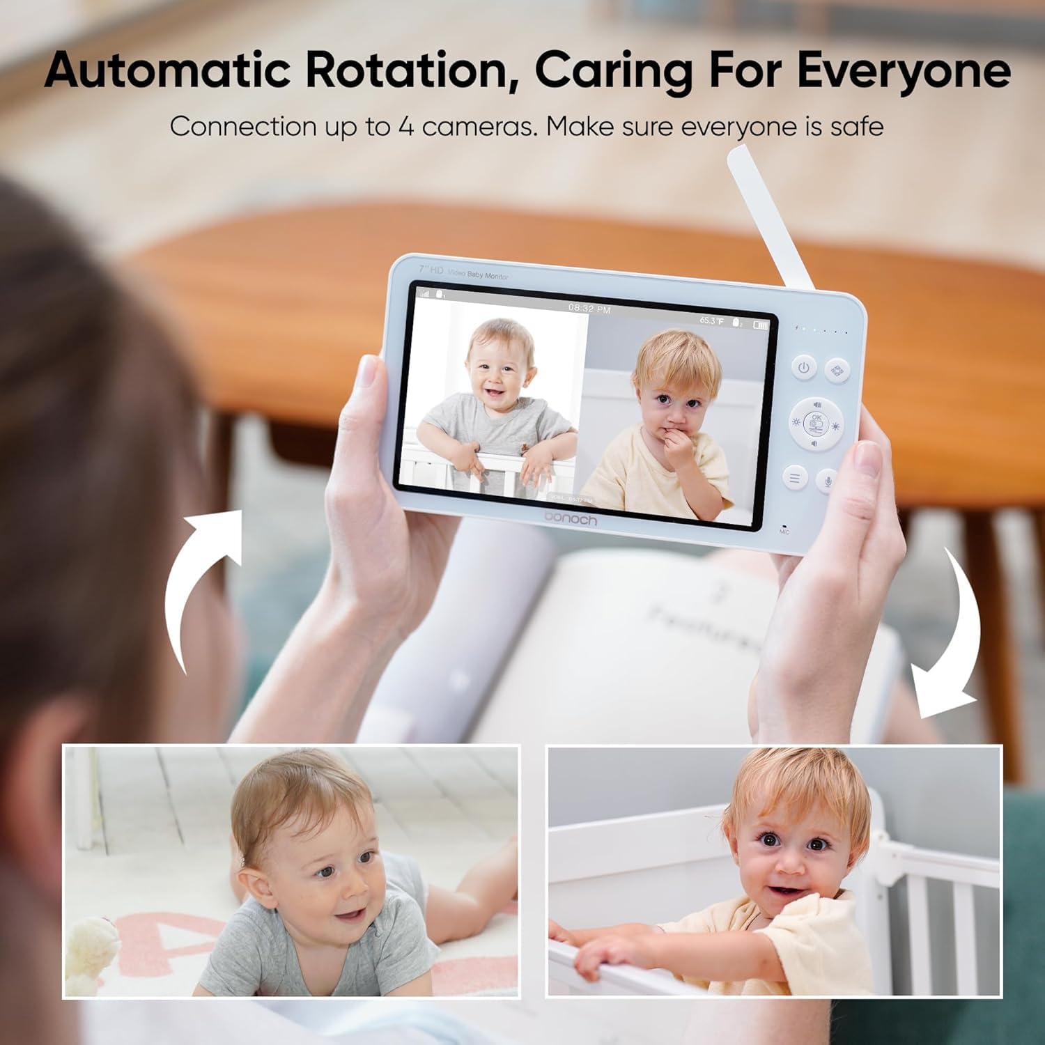 bonoch 7 Zoll Babyphone mit 2 Kameras, 720p Video Babyphon Hone WLAN, 6000mAh Akku 23hrs, Nachtsicht, Beidseitige Audiofunktion, Remote-PTZ, VOX-Modus, Temperatursensor, 8 Schlaflieder