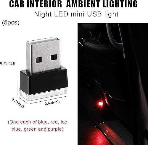 Miniatura 2 de Sylvil 5 lámparas LED USB para el interior del automóvil, mini luz nocturna LED portátil, kit de iluminación ambiental de interfaz USB enchufable,
