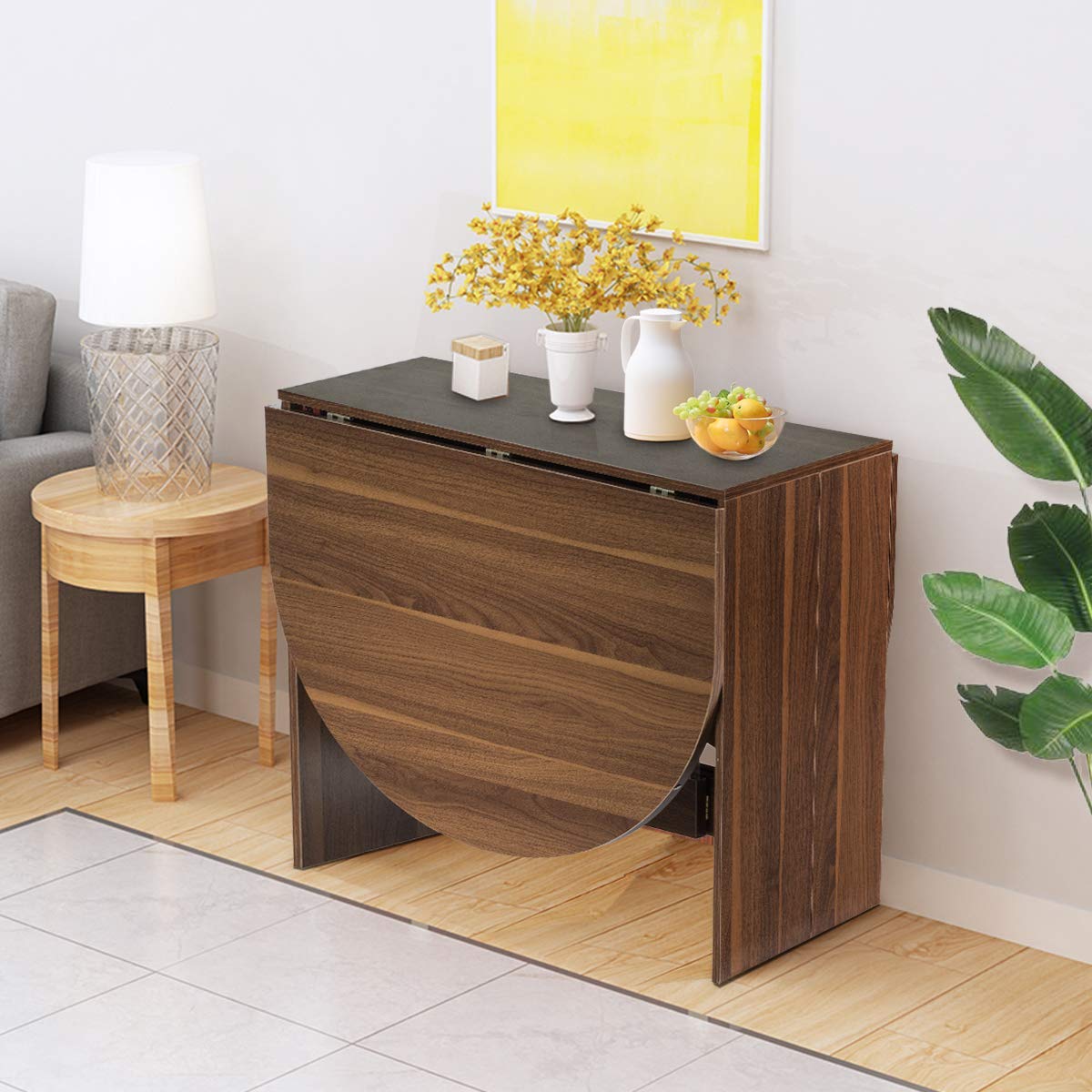 COSTWAY Mesa Comedor Extensible de Madera, 80x163x75 cm, Mesa de Comedor con 2 Solapas, Bordes Redondos,Soporte de Cruciforme, Mesa Redonda Extensible Plegable para Cocina Balcón Jardín (Marrón)