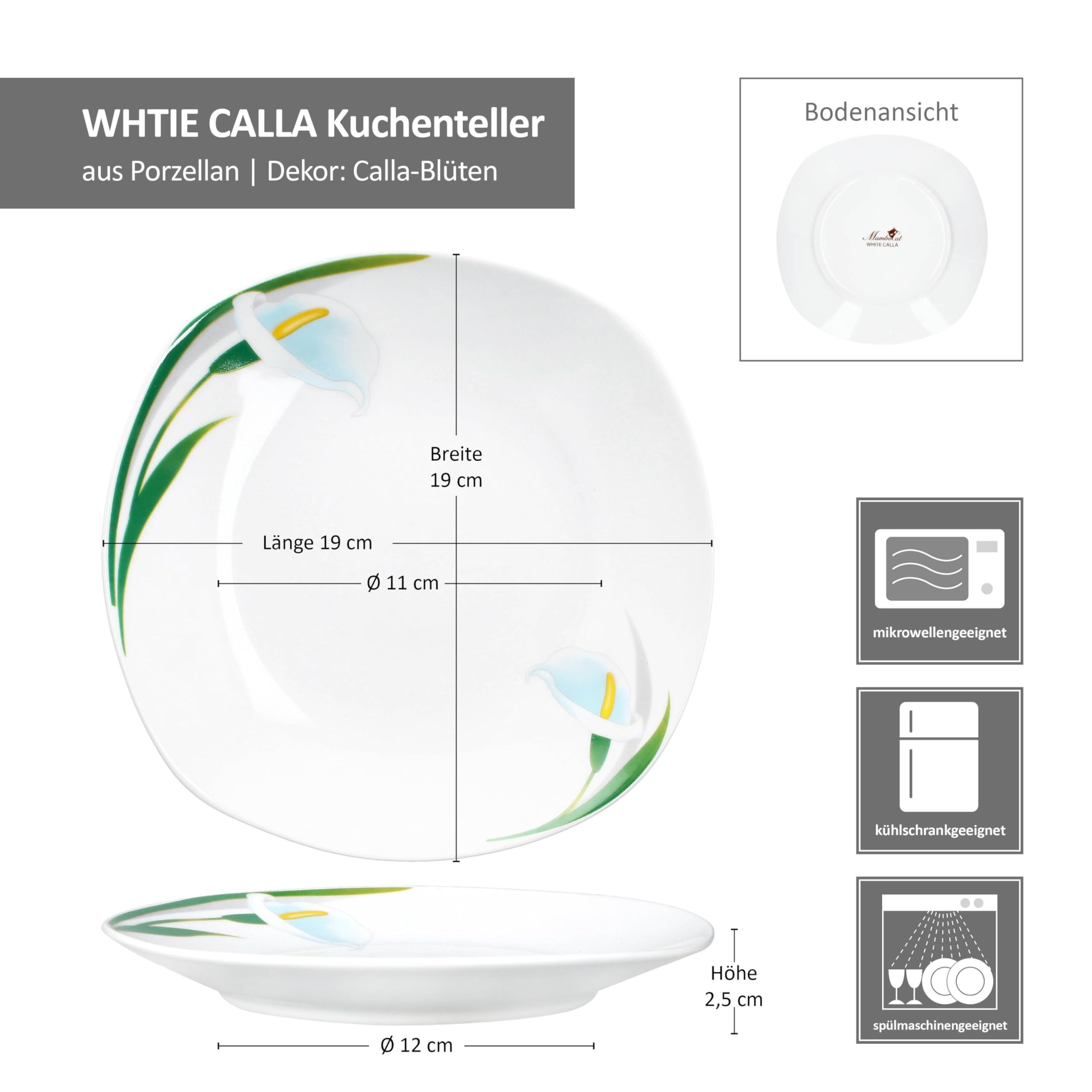 MamboCat Zestaw 6 talerzy do ciasta White Calla, stylowe porcelanowe talerze śniadaniowe z motywem kwiatowym, dla 6 osób, małe talerze do sałatek, deserów, przekąsek itp.