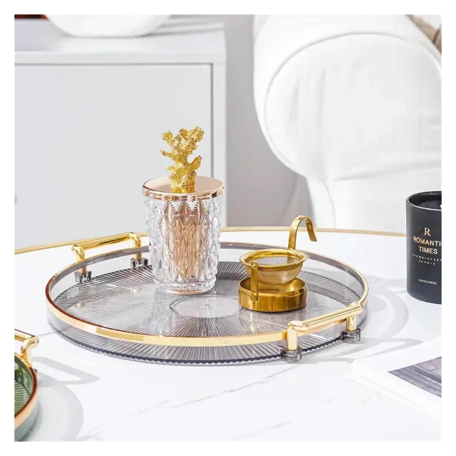 Bandeja Perfumes Bandeja de Almacenamiento Redonda for el hogar, Sala Estar, Mesa Centro, Taza té, Plato, Organizador aromaterapia, decoración(Gold)