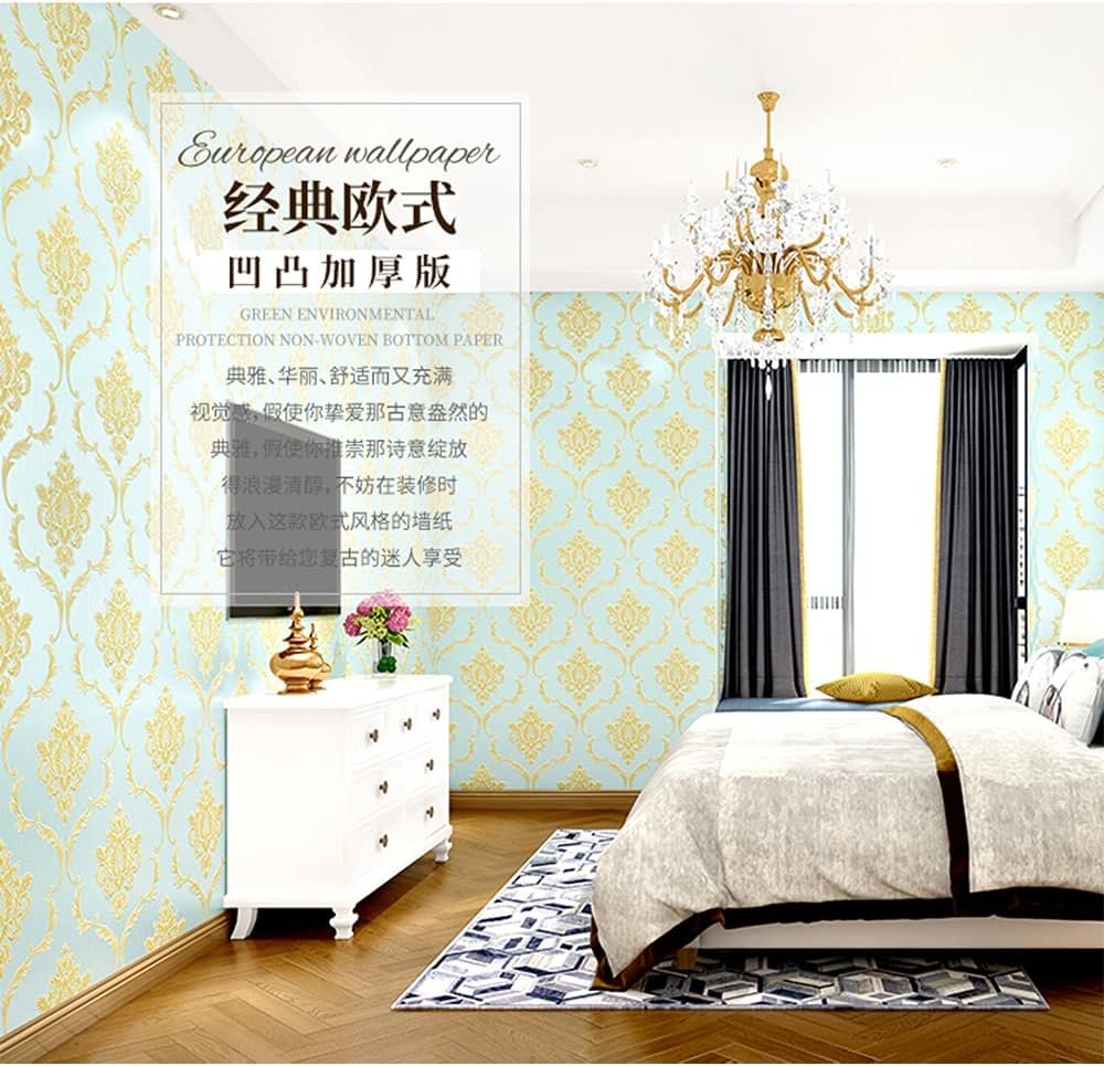 DAWEI 3D European Damask PVC Waterproof Wallpaper Bedroom Living Room TV Background Wall 1.73'W x 32.8'L Non-Pasted (Cyan)